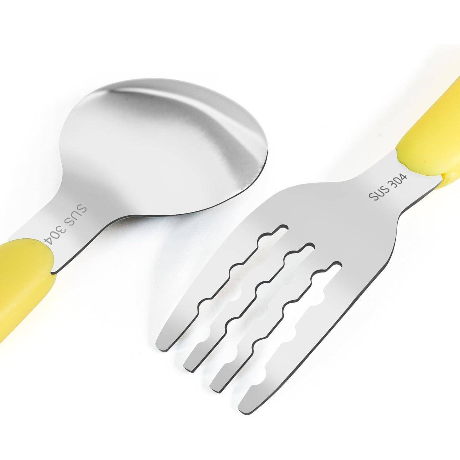 VANRA 2er Set Kleinkind Gabel und Löffel mit Reiseetui, 18/8 Edelstahl, Gelb, Kinderbesteck für Schule, Lunchbox, Camping, Picknick