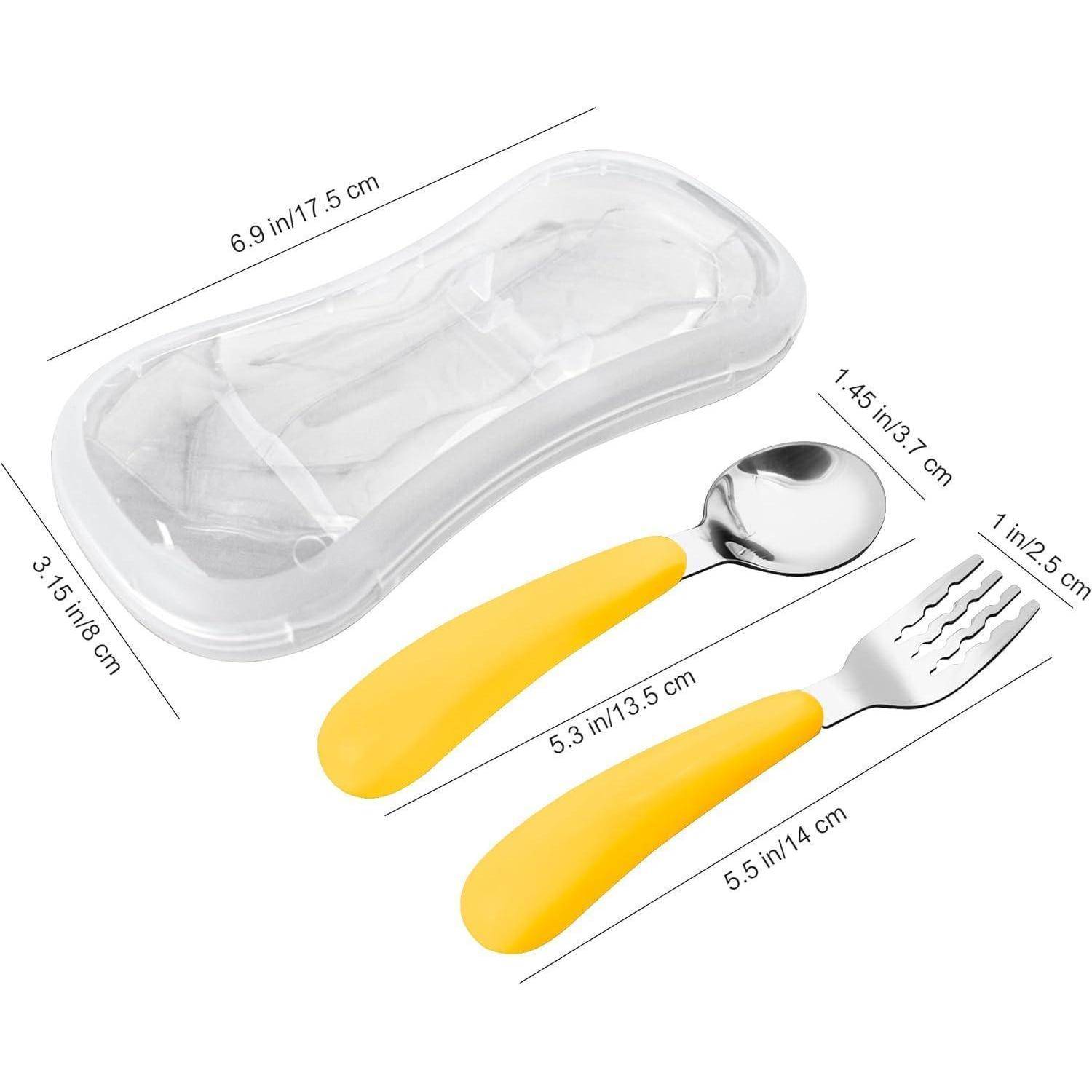 VANRA 2er Set Kleinkind Gabel und Löffel mit Reiseetui, 18/8 Edelstahl, Gelb, Kinderbesteck für Schule, Lunchbox, Camping, Picknick