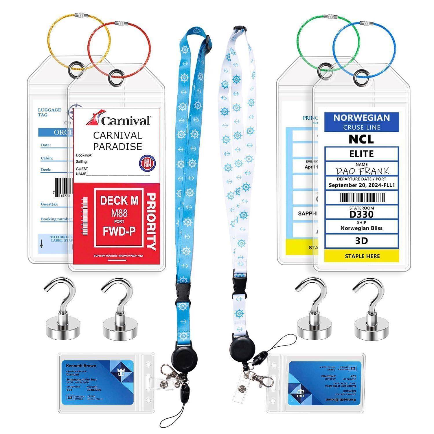Gemischte Schifffahrts-Lanyards und Ausweishalter mit Beispiel-ID-Tags von Carnival und Norwegian Cruise Line, plus Metallclips und Kartenhülsen.
