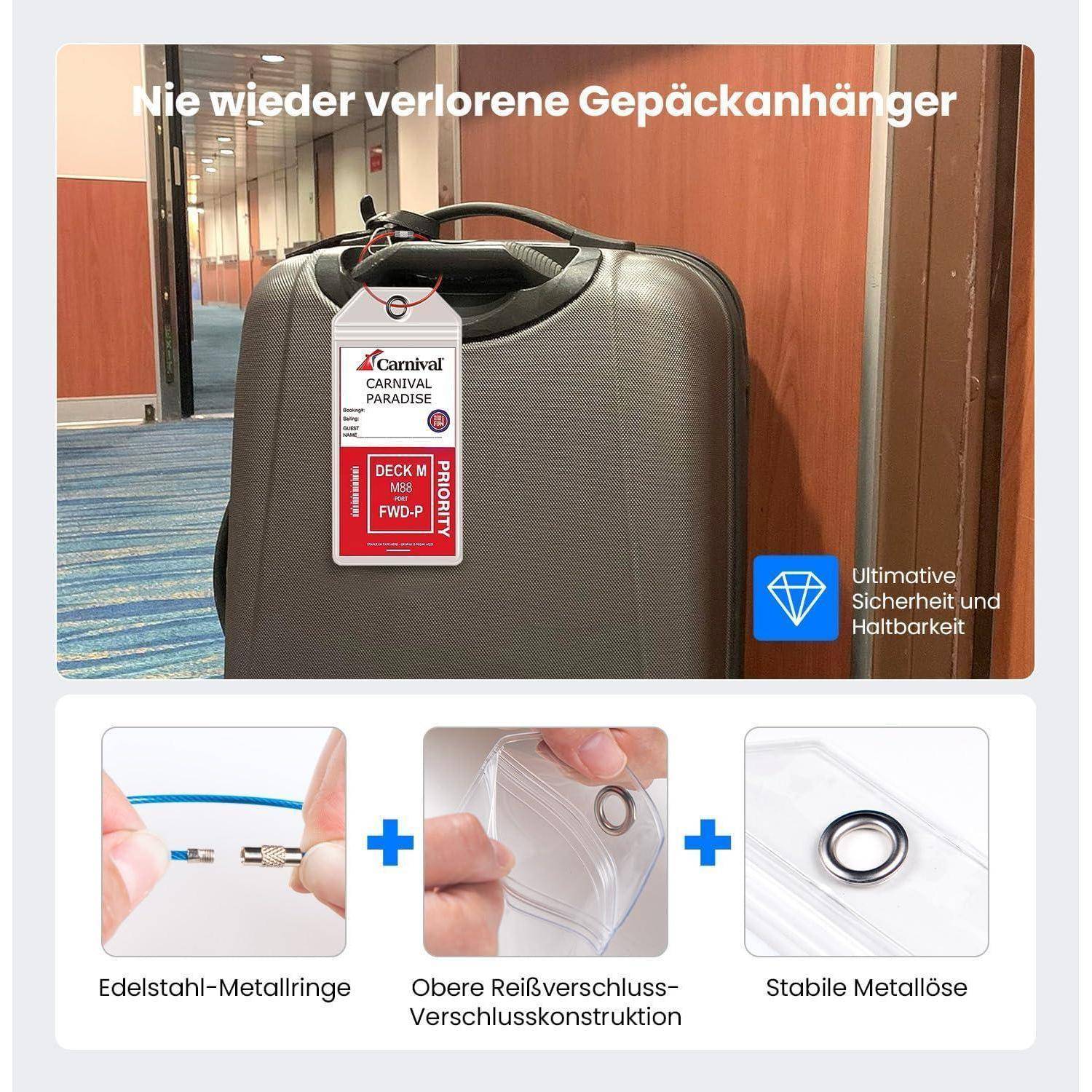 Werbung für Gepäckanhänger: Ein Koffer mit einem Kreuzfahrt-Anhänger, plus Nahaufnahmen von Metallringen, Reißverschlussverriegelung und Öse, die Langlebigkeit und Sicherheit bewerben.