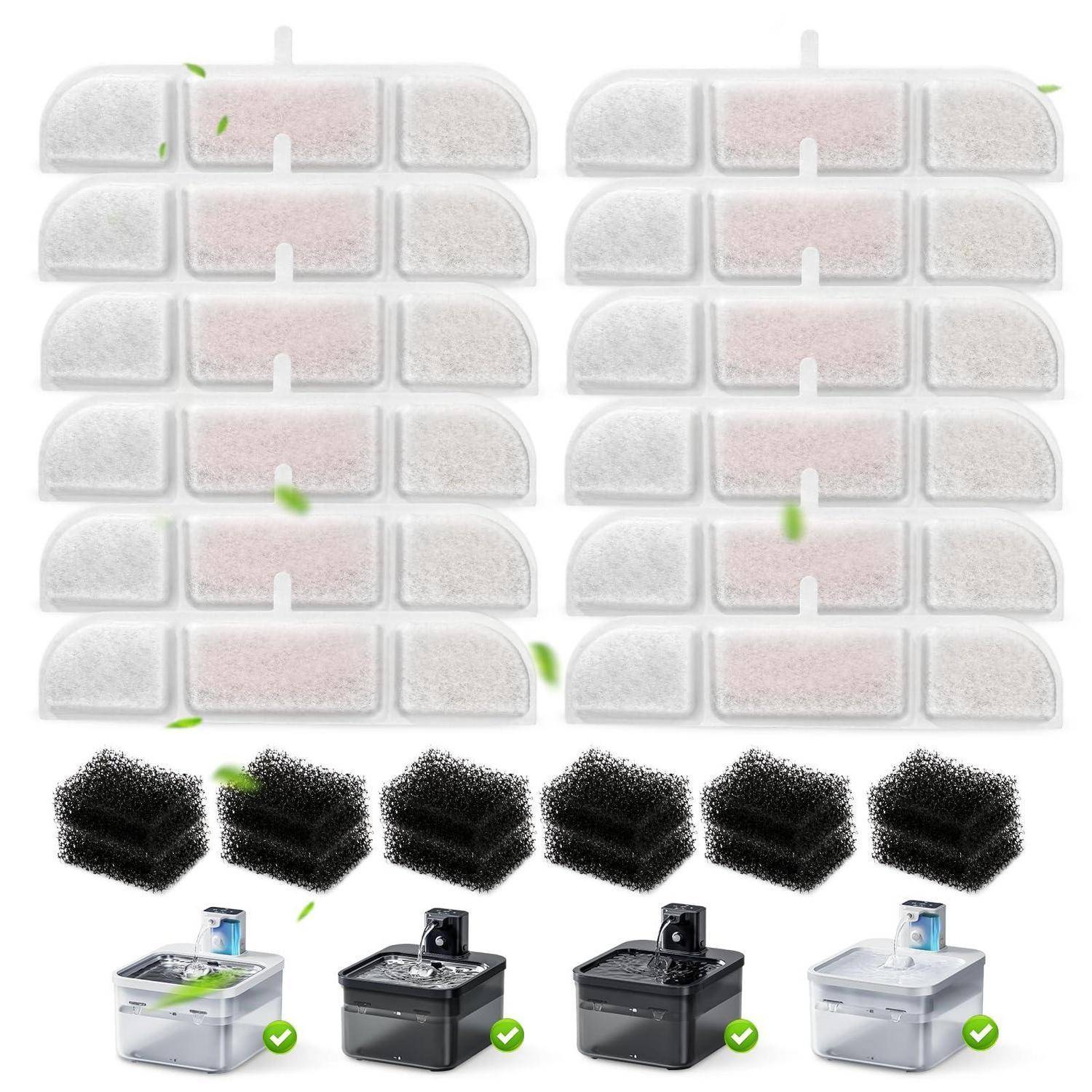 Produktbild mit Optionen zum Austausch von Luftfiltern: vier luftbefeuchterähnliche Geräte mit grünen Häkchen darunter und weiß-schwarzen Filterpads oben, was auf kompatible Filterwahlmöglichkeiten hindeutet.
