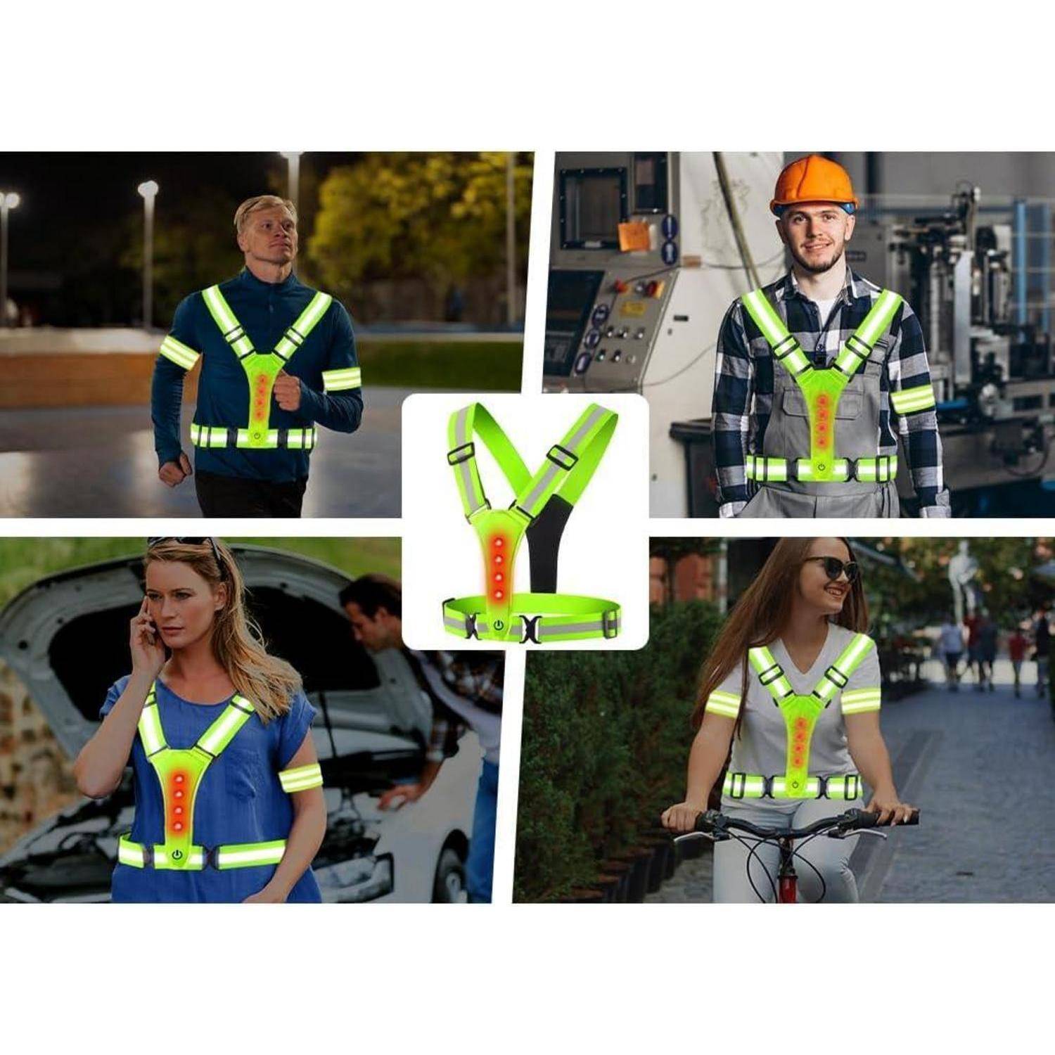 Collage mit einem fluoreszierend gelbem reflektierenden Sicherheitsschutzweste, die von vier Personen in verschiedenen Umgebungen getragen wird: nächtliches Joggen, Fabrikarbeit, Straßenrand bei Auto und Radfahren.