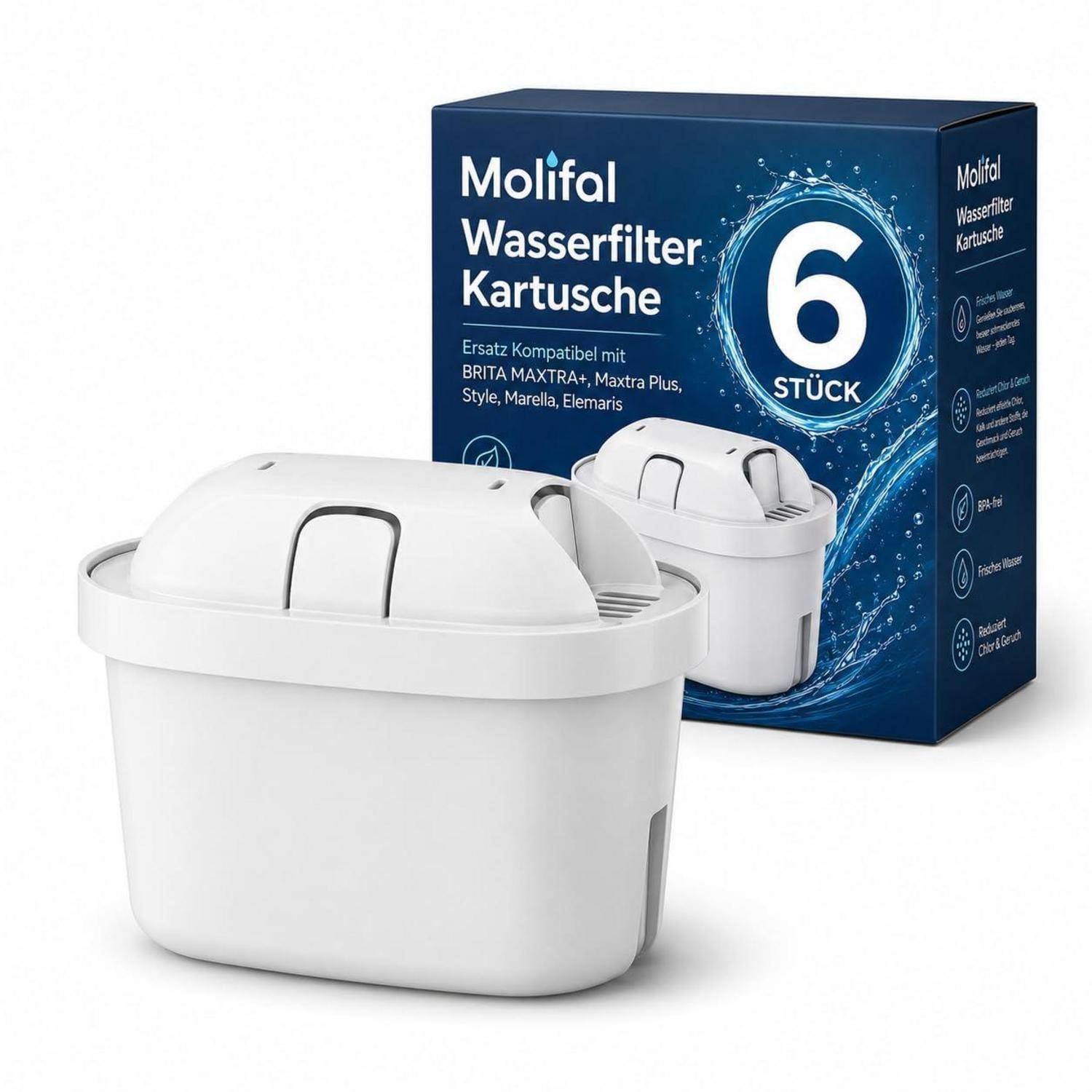 Packung mit sechs Molfal-Wasserfilterpatronen mit zwei weißen Ersatzpatronen, die vor der blauen Schachtel abgebildet sind.