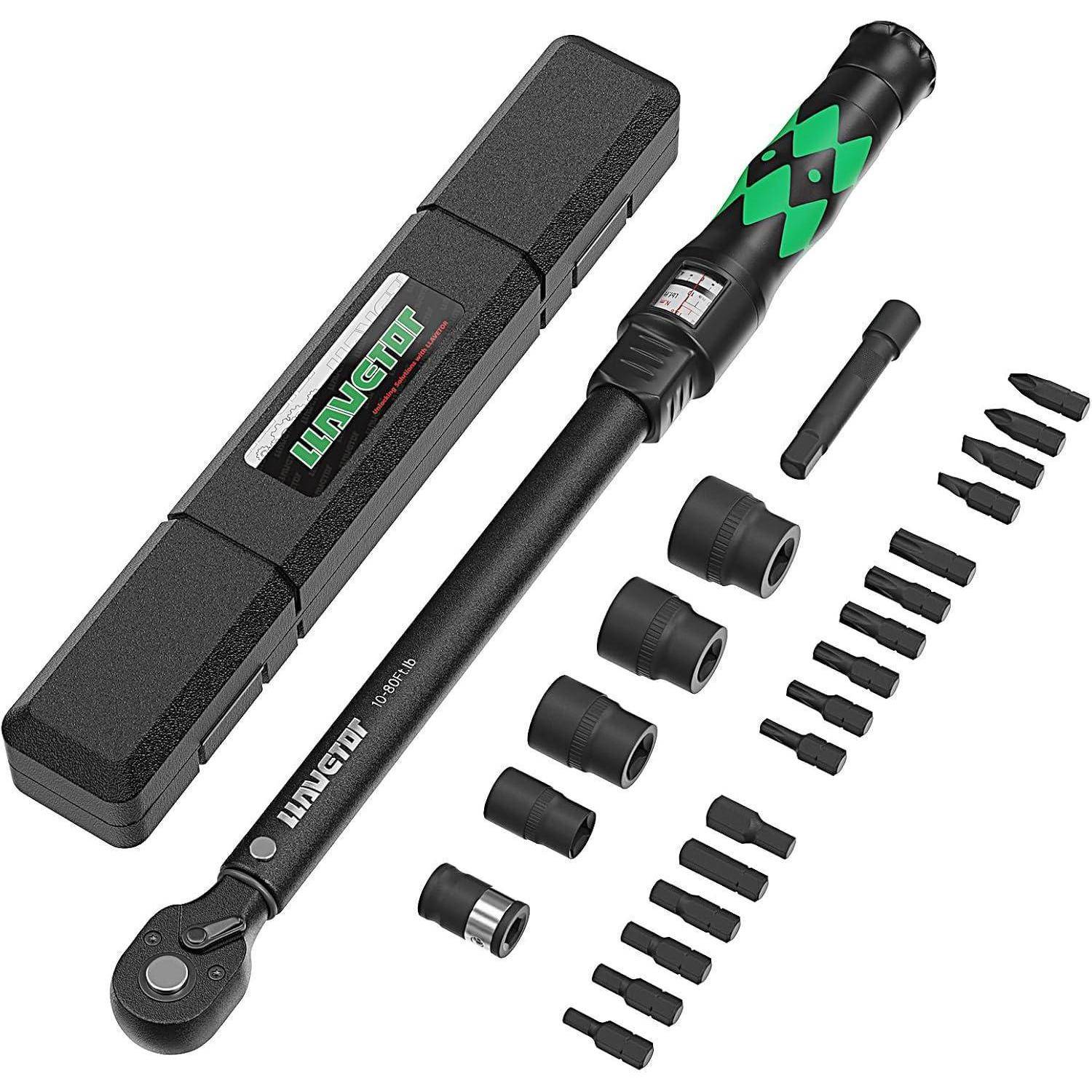 Einstellbarer Drehmomentschlüssel-Set mit Transportkoffer, Verlängerungsstange, Stecknuss-Adapter und mehreren Bits auf weißem Hintergrund.