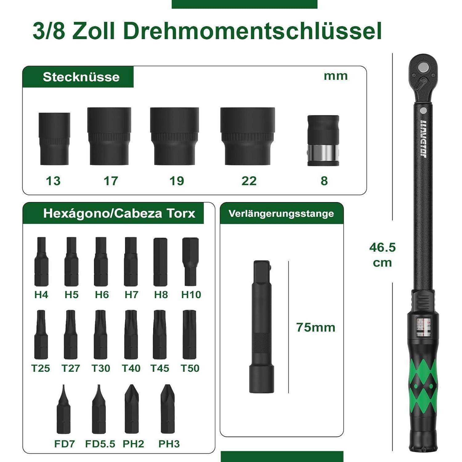 LLAVETOR Drehmomentschlüssel 3/8 Zoll, Drehmomentschlüssel 23tlg. Set 20-110Nm Fahrrad & Motorrad Drehmomentschlüssel Set mit 75mm Verlängerungsst