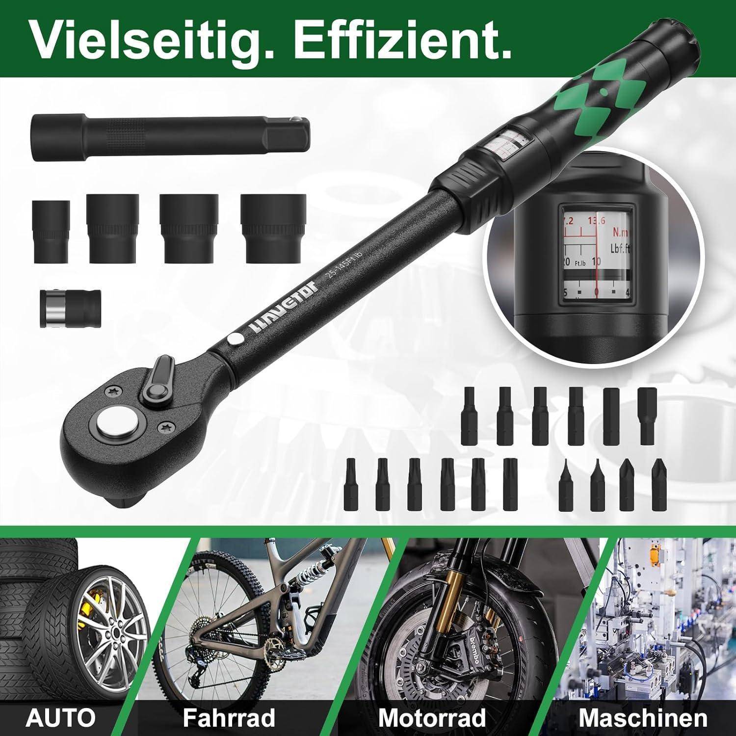 LLAVETOR Drehmomentschlüssel 3/8 Zoll, Drehmomentschlüssel 23tlg. Set 20-110Nm Fahrrad & Motorrad Drehmomentschlüssel Set mit 75mm Verlängerungsst