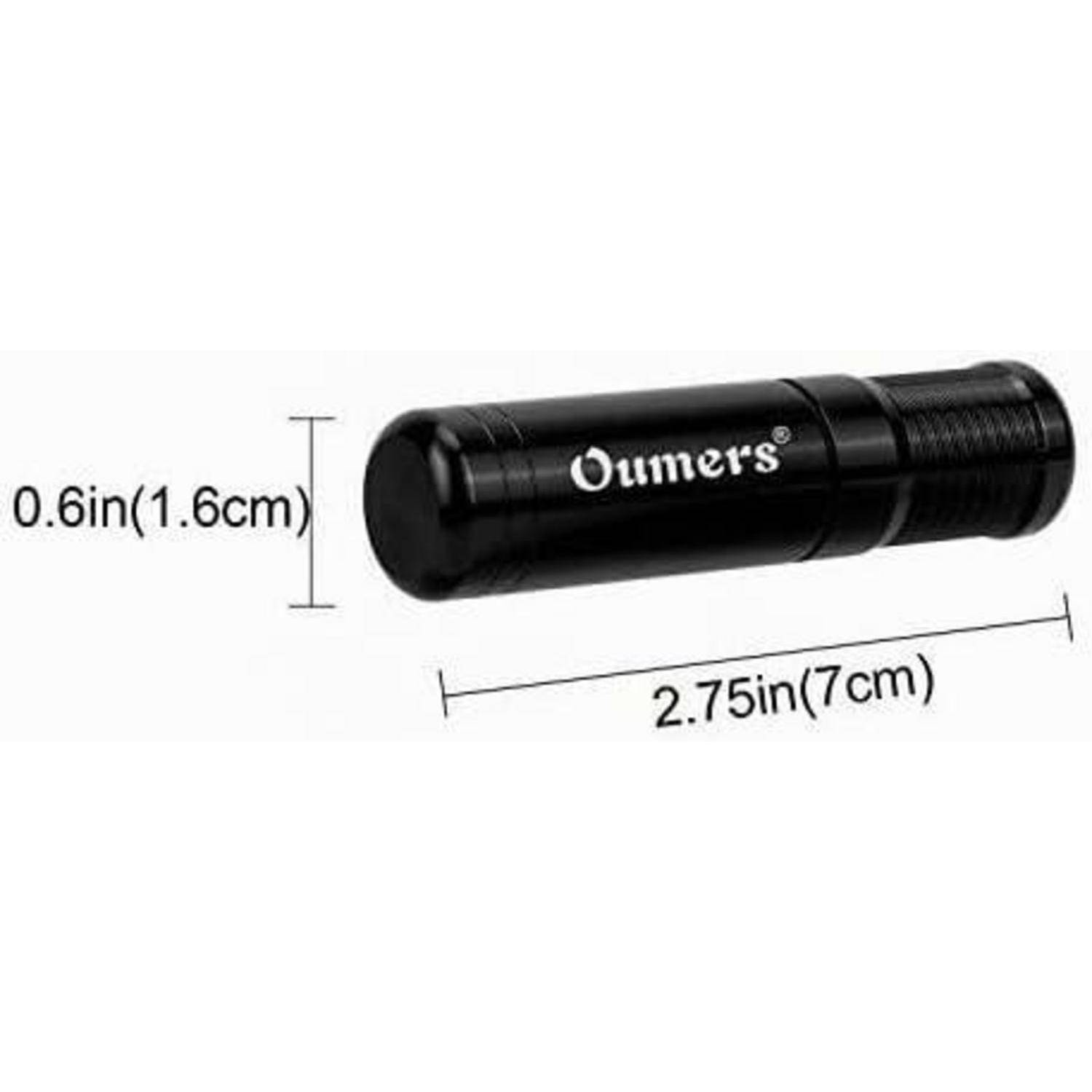 Schwarzes zylindrisches Oumers-Gerät mit beschrifteten Abmessungen von 2,75 Zoll (7 cm) Länge und 0,6 Zoll (1,6 cm) Breite.