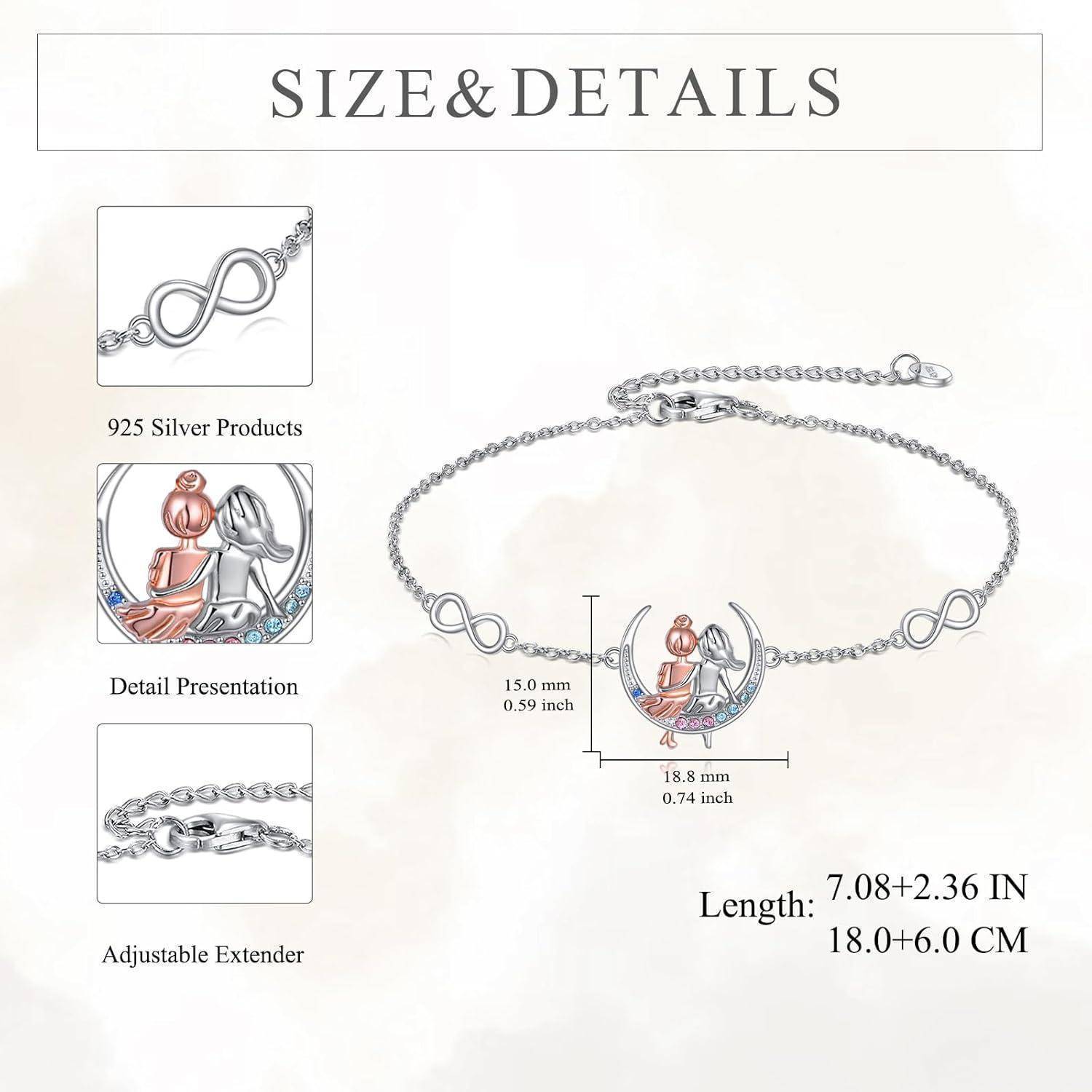 Silbernes Infinity-Armband mit sitzendem Paar-Charm, gezeigt mit Größenangaben: 18,8 mm Anhänger, 15,0 mm Höhe, verstellbare Länge von 7,08 + 2,36 Zoll.