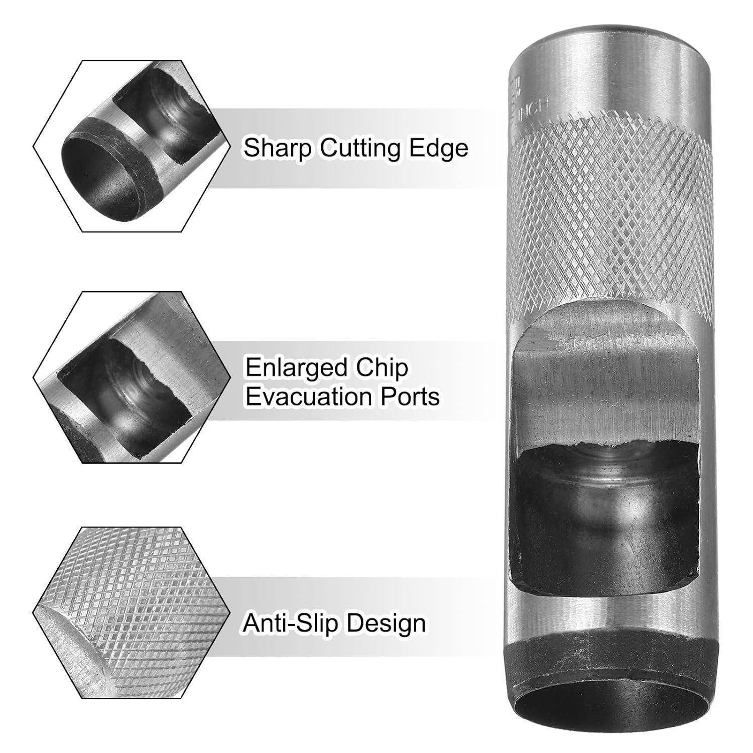 Diagramm eines zylindrischen Metallwerkzeugs mit Beschriftungen für „Scharfe Schneidkante", „Vergrößerte Spanaustrittöffnungen"" und „Rutschsicheres Design"".