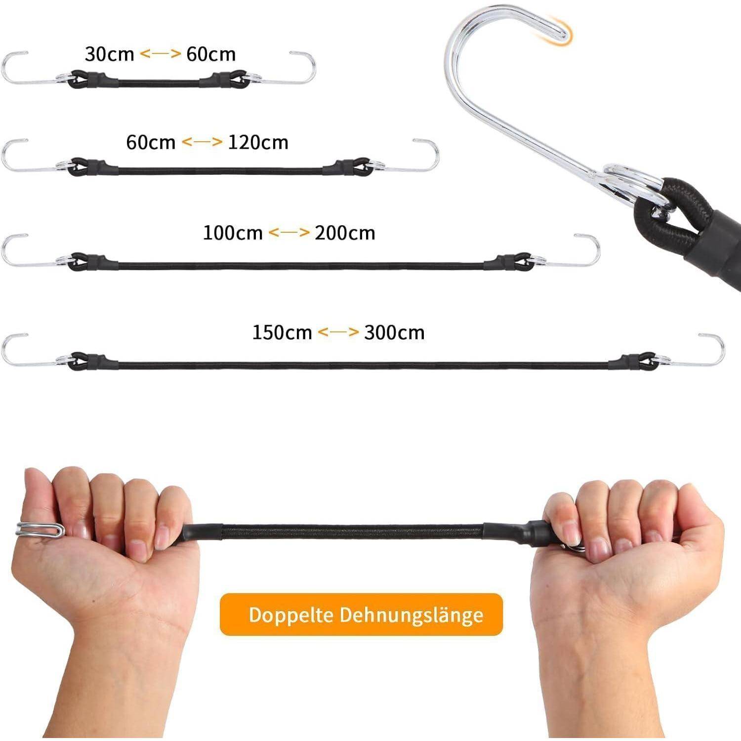 Illustration eines verstellbaren elastischen Seils mit Haken, das Längen von 30 cm bis 300 cm zeigt und Hände, die es dehnen; beschriftet mit „Doppelte Dehnungslänge