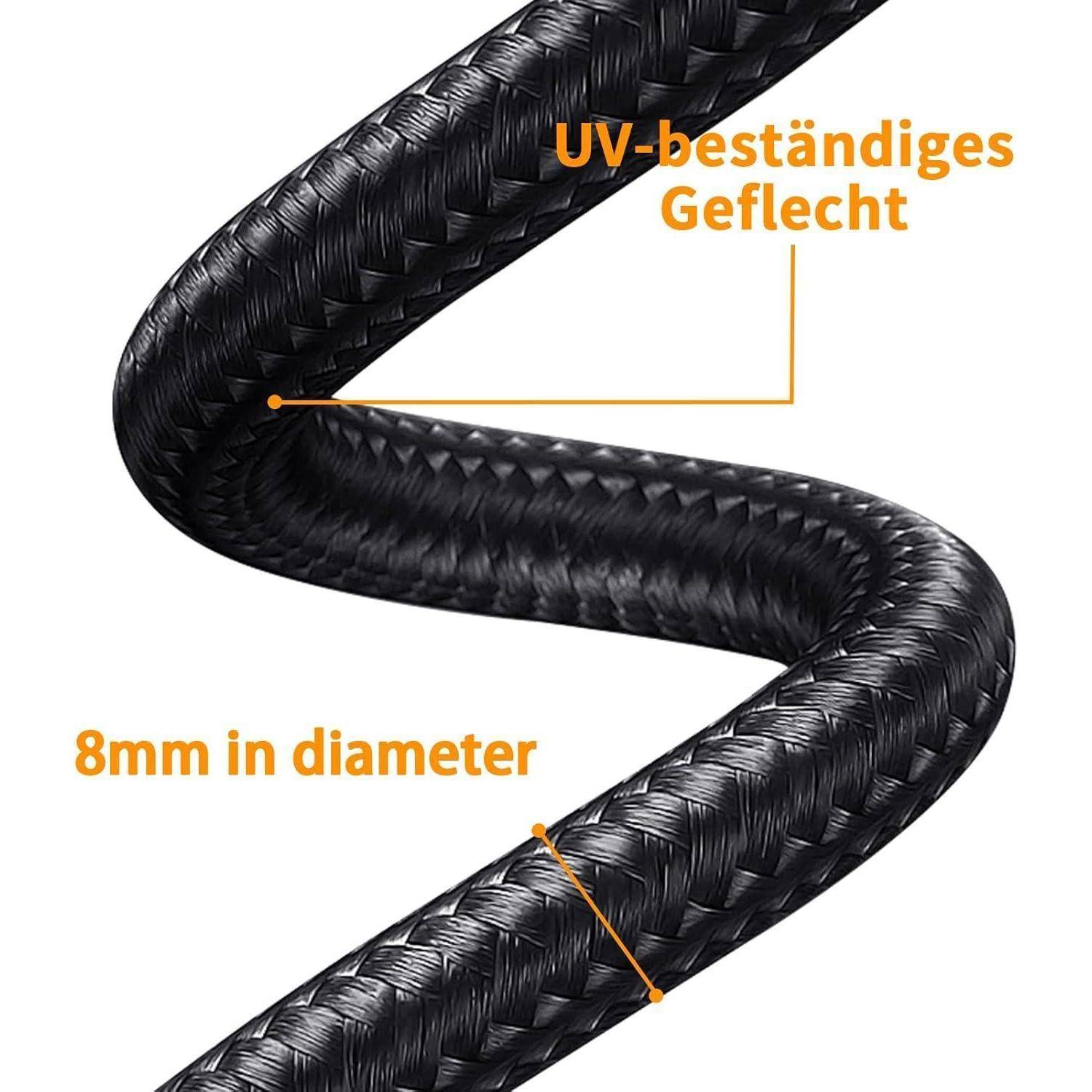 Schwarzes geflochtenes Kabel mit der Bezeichnung 'UV-beständiges Geflecht' und '8mm Durchmesser', in S-Form auf weißem Hintergrund dargestellt.