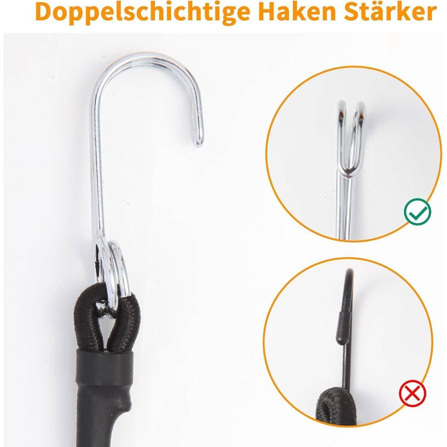 Produktgrafik, die einen doppellagigen Haken zeigt, der stärker ist als ein einlagiger Haken, mit einer Nahaufnahme des korrekten verstärkten Designs, das mit einem grünen Häkchen gekennzeichnet ist, und dem schwachen Design, das mit einem roten X gekennzeichnet ist.