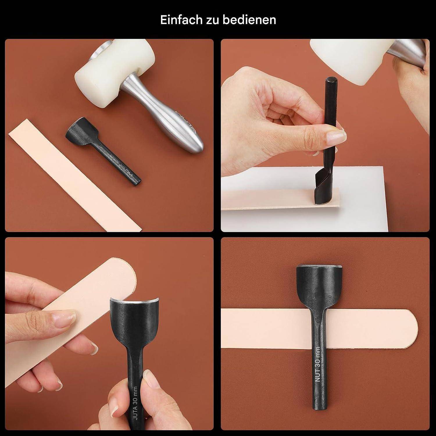 Vier-Panel-Anleitung mit dem Titel „Einfach zu bedienen" zeigt die Verwendung eines schwarzen Pflegegeräts mit einem Hammer auf einem Streifen, von der Platzierung bis zum fertigen Ergebnis.