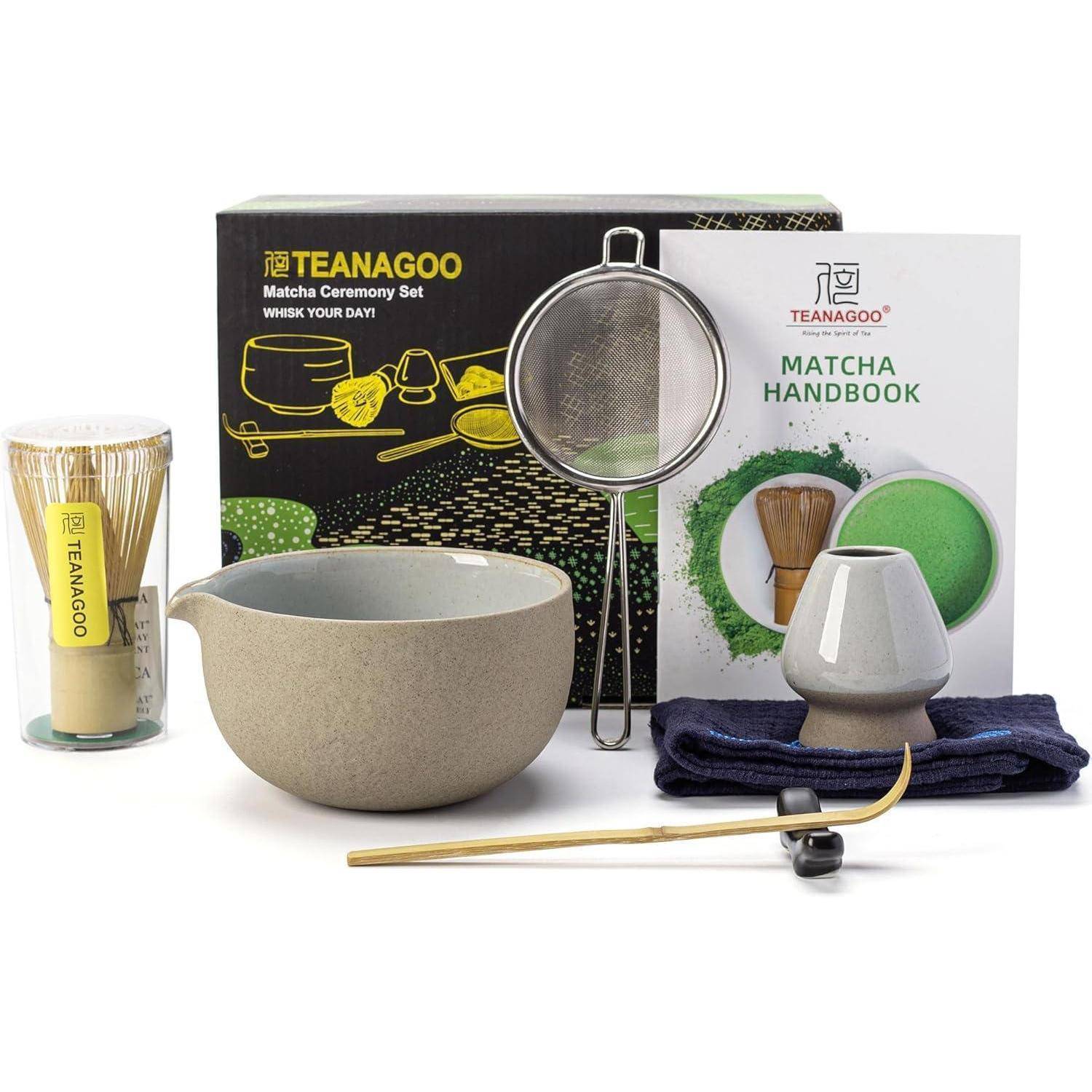 Tee-Matcha-Zeremonienset mit Schale, Schneebesen, Sieb, Löffel, Tuch, Bambus-Schneebesen-Halter und „Matcha-Handbuch