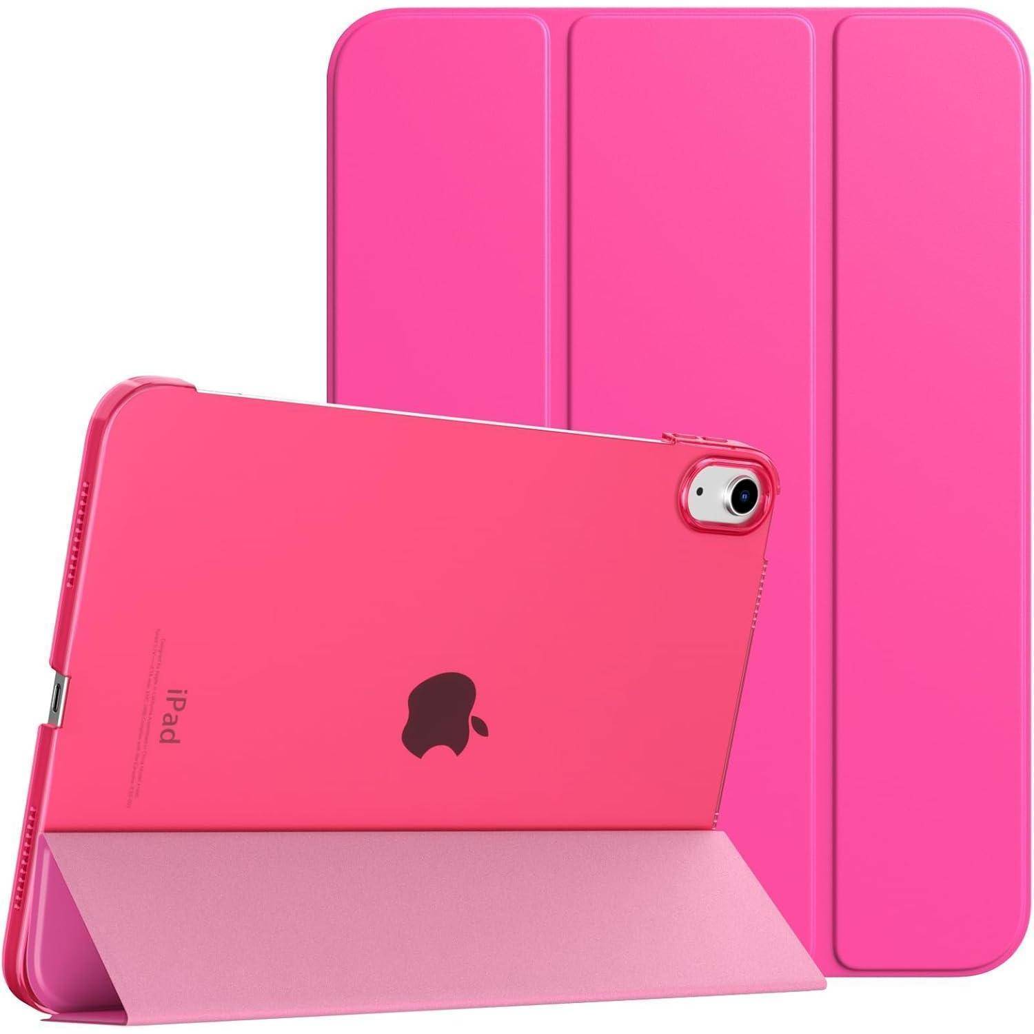 Rosa iPad mit passendem rosa Schutzhülle, in einem produktgestalteten Bild offen und geschlossen dargestellt.