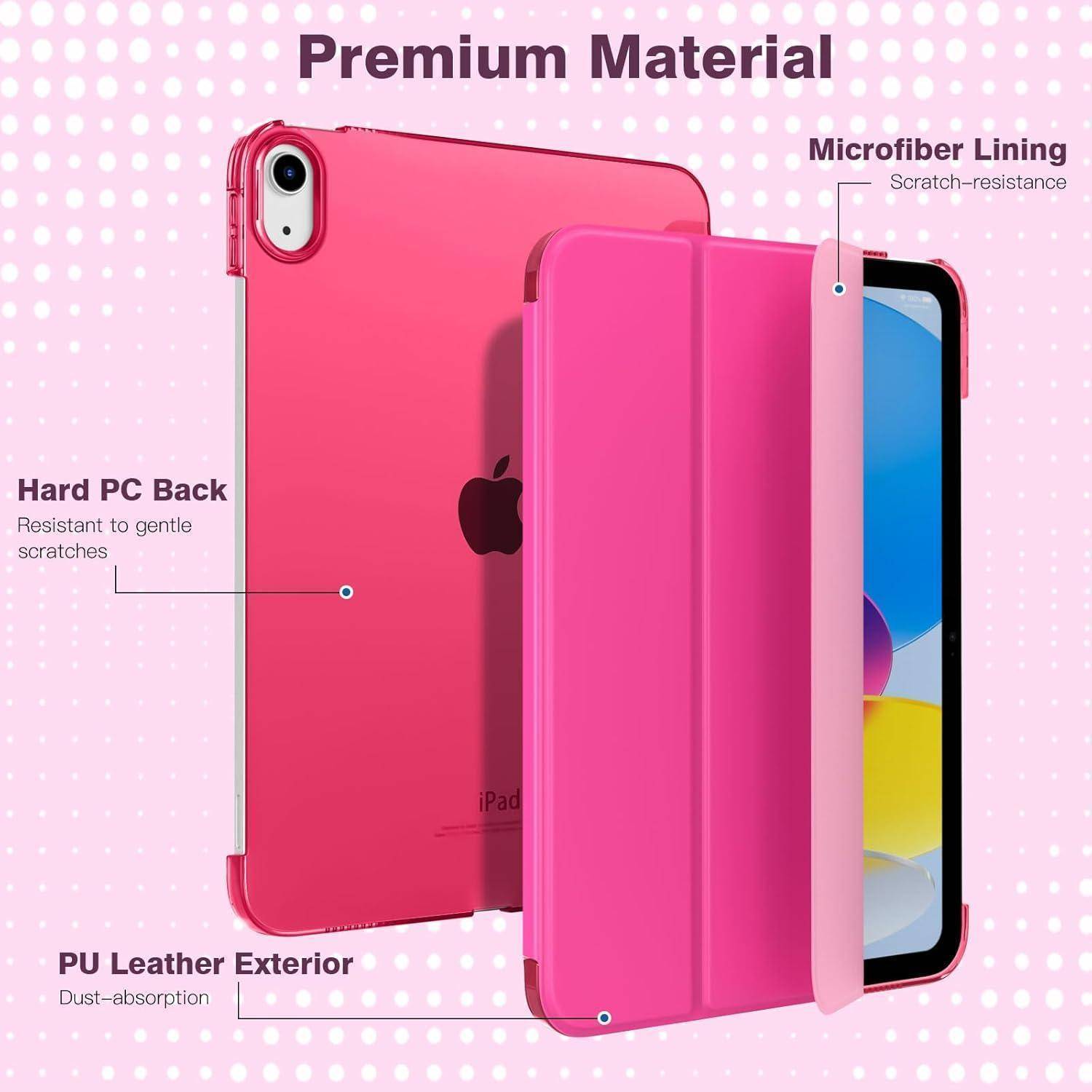 Rosa iPad-Schutzhülle, offen und geschlossen dargestellt, gekennzeichnet mit „Premium-Material", mit robustem PC-Rücken, Mikrofaser-Futter und PU-Leder-Außenseite für Kratzerresistenz und Staubaufnahme.