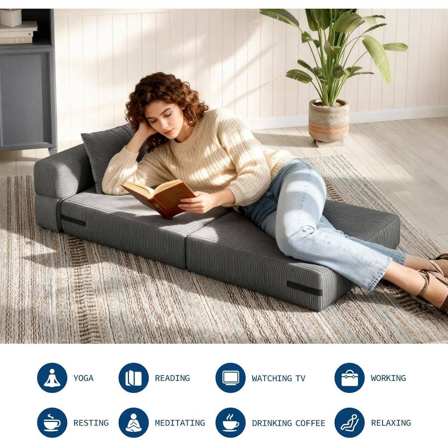 Eine Frau liegt auf einem Bodenkissen und liest ein Buch; darunter kennzeichnen Icons Aktivitäten: Yoga, Lesen, Fernsehen schauen, Arbeiten, Ruhen, Meditieren, Kaffee trinken und Entspannen.