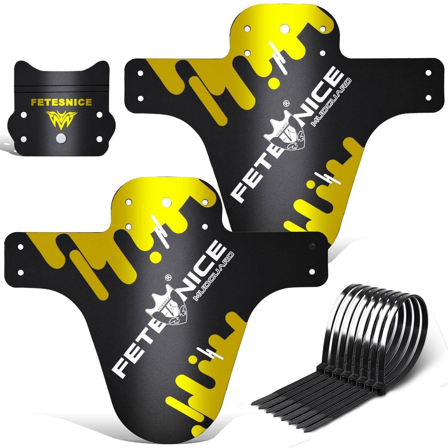 Produktbild von schwarz-gelben Motorrad-Schutzblechen mit „FETENICE