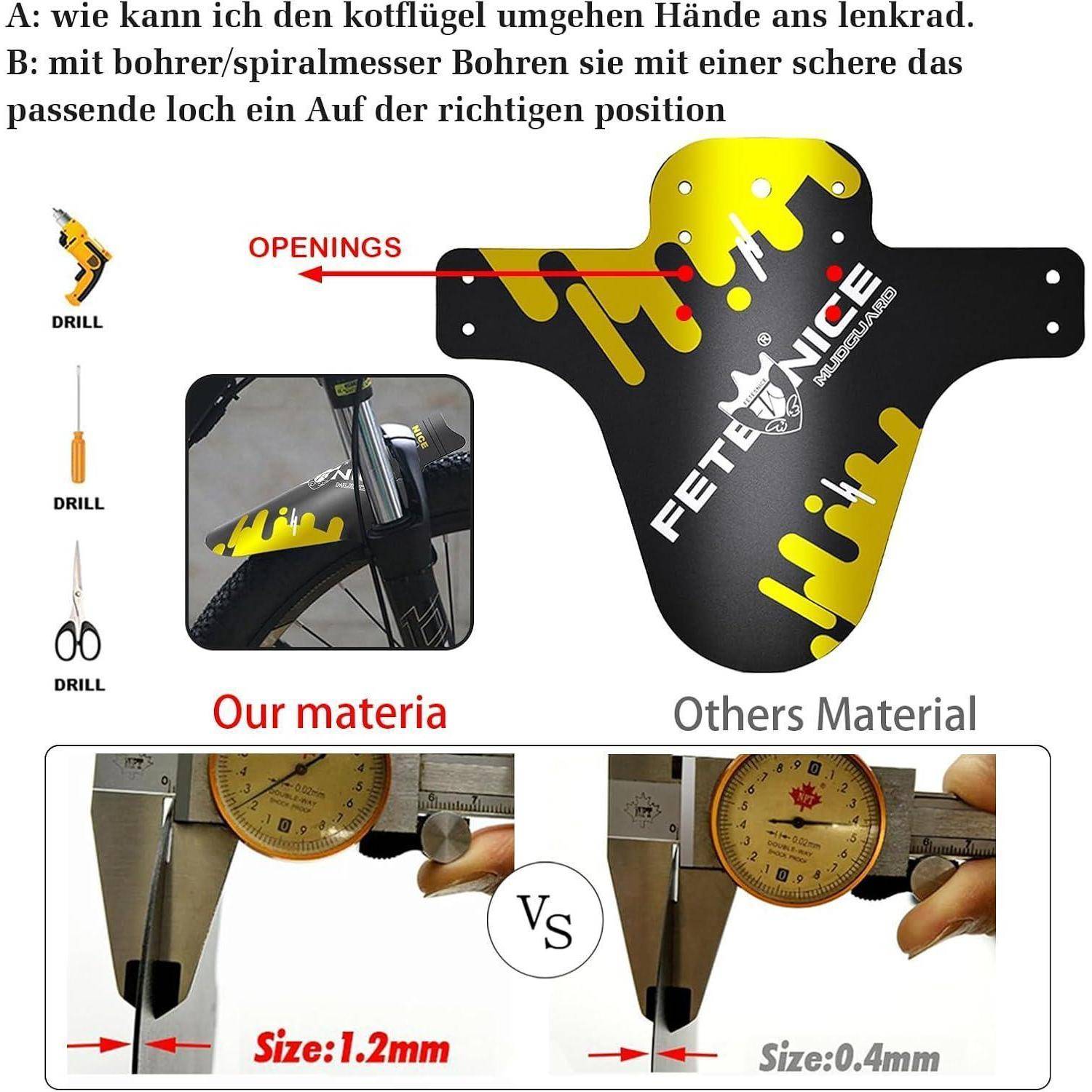 Anleitungsgrafik mit einem Fahrradvorderrad-Schutzblech mit hervorgehobenen Lochastenungen; vergleicht die richtige Bohr- oder Scherenschnittposition und zeigt 1,2-mm-Material im Vergleich zu 0,4-mm-anderen Materialien.
