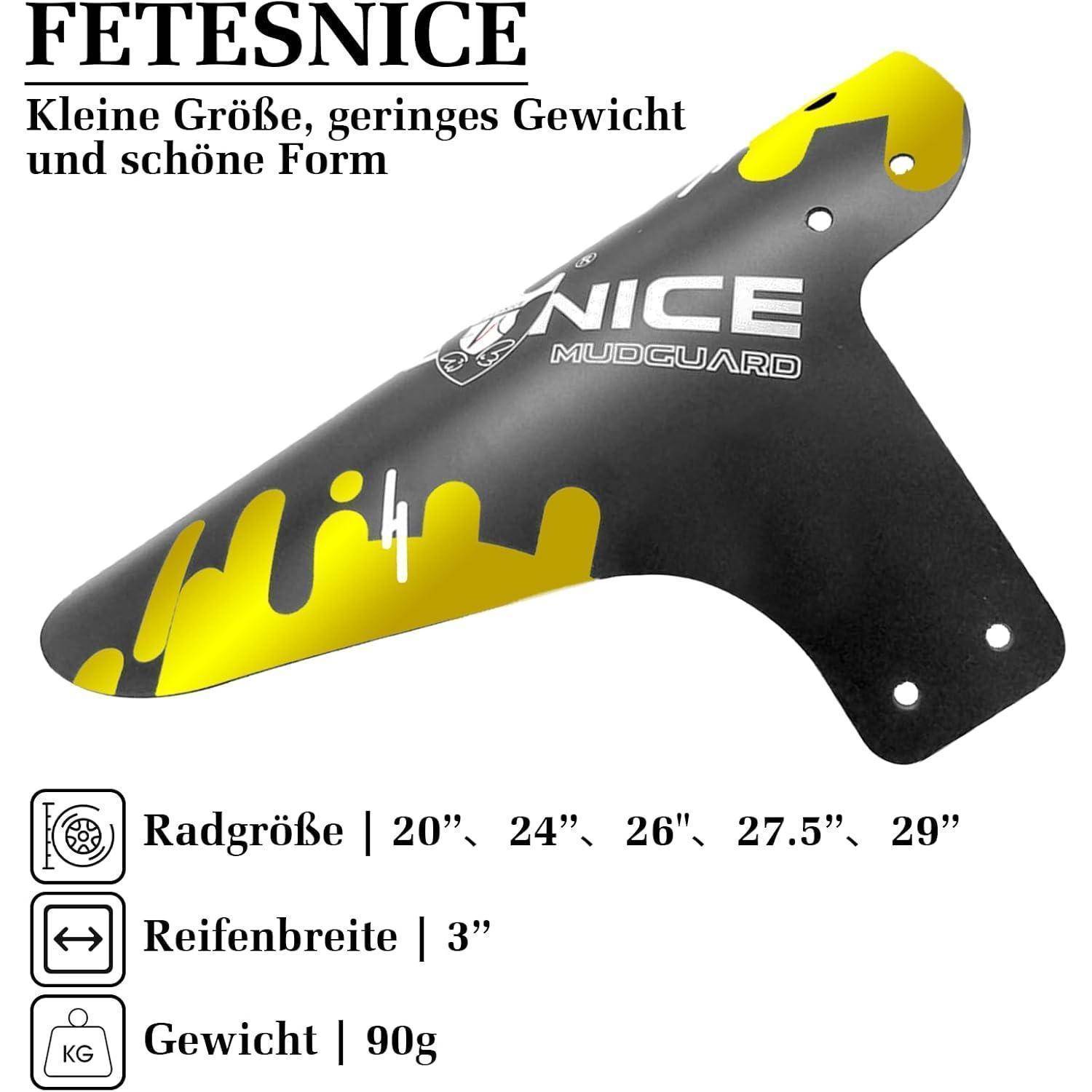 FETSNICE Schutzblech Produktbild mit deutschem Text: kleine Größe, geringes Gewicht, schöne Form; Radgrößen 20, 24, 26, 27,5, 29; Reifenbreite 3; Gewicht 90 g.