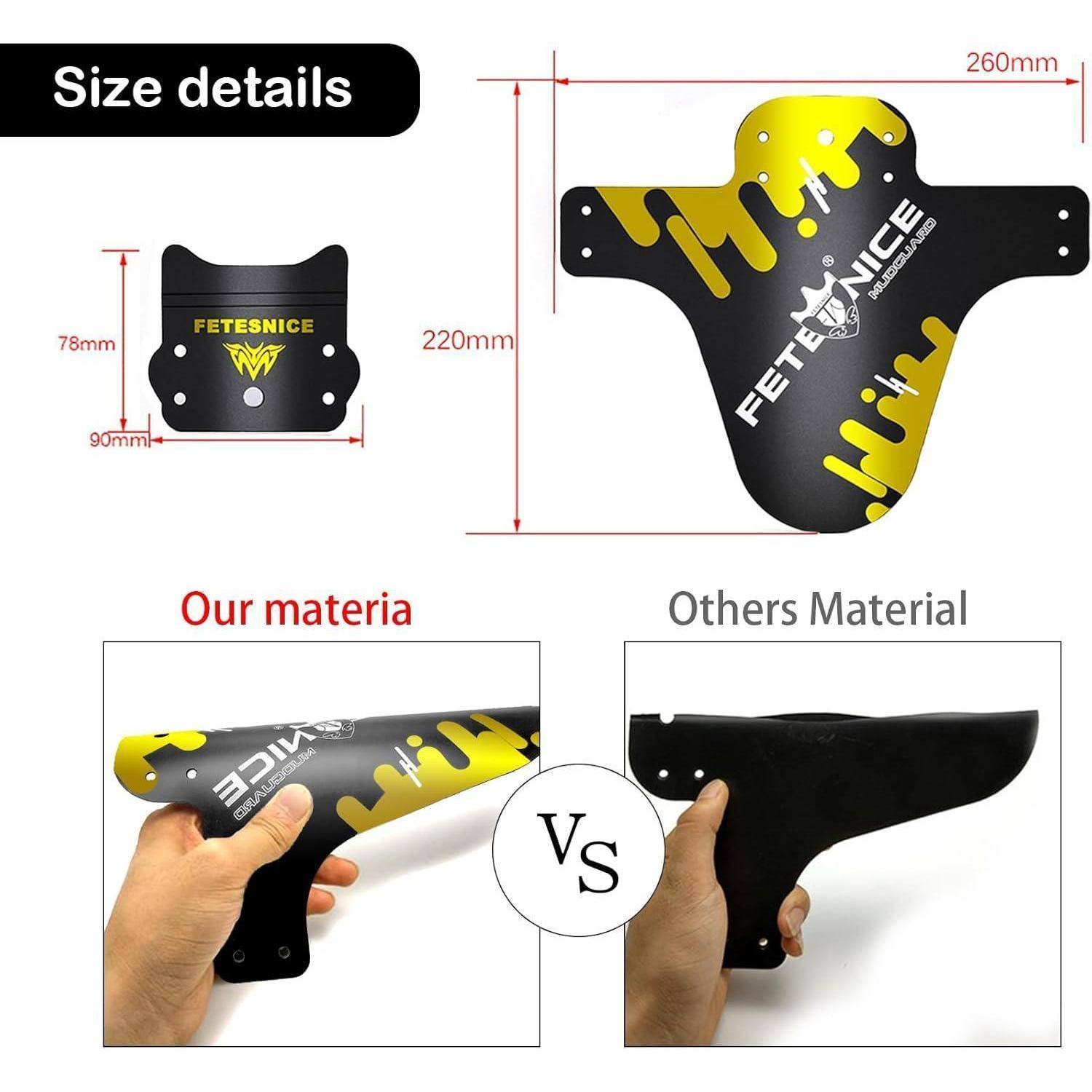 Größendetails und Materialvergleich für einen Fahrradsender: Abmessungen 260 mm mal 220 mm, kleinere Größe 90 mm mal 78 mm, und „Unser Material" versus „Material anderer"" in der Seitenansicht dargestellt.
