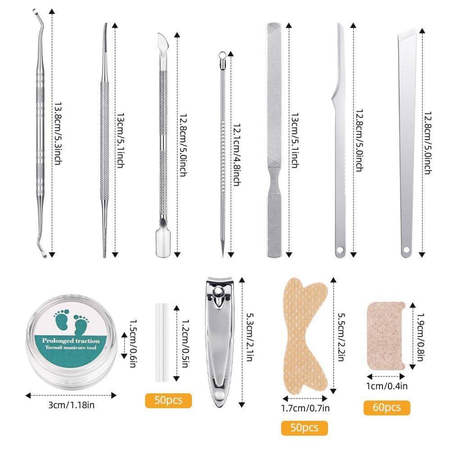 Collage von medizinischen Fußpflegeprodukten und Materialien mit Größenangaben: Skalpelle, Feilen, Zangen, Tuben, Traktionspflaster und Haftverbandsmaterial.