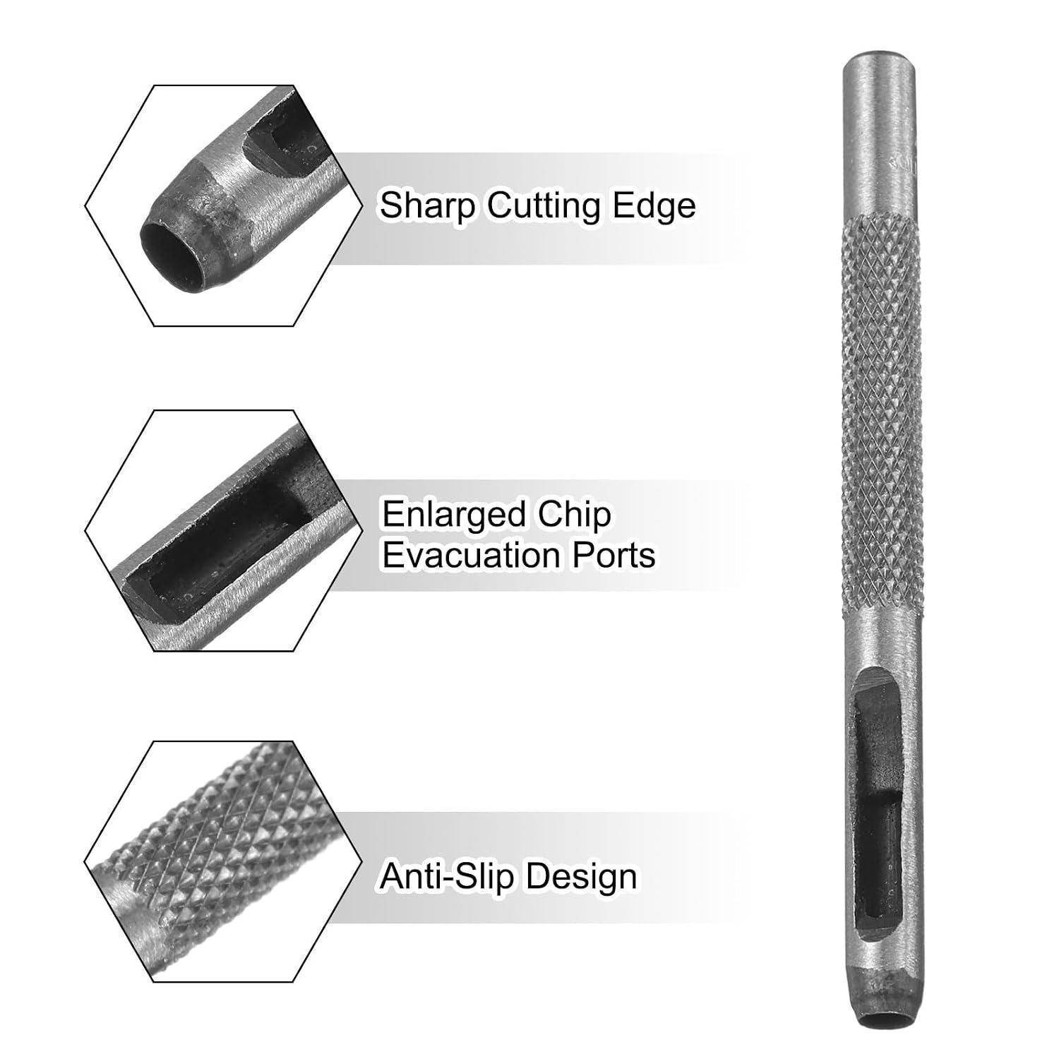 Diagramm eines gerillten Metallwerkzeugs mit einer scharfen Schneidkante, vergrößerten Spanabfuhröffnungen und rutschfestem Design mit vergrößerten Detailausschnitten.
