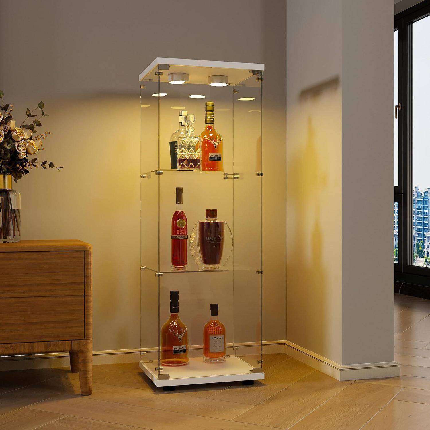 Vitrine aus Glas, 3 Regale, Aufbewahrungsschrank aus Glas auf Fuß, LED-Vitrine, Glasschrank mit 1 Türen und Schloss, für Schlafzimmer und Wohnzimme