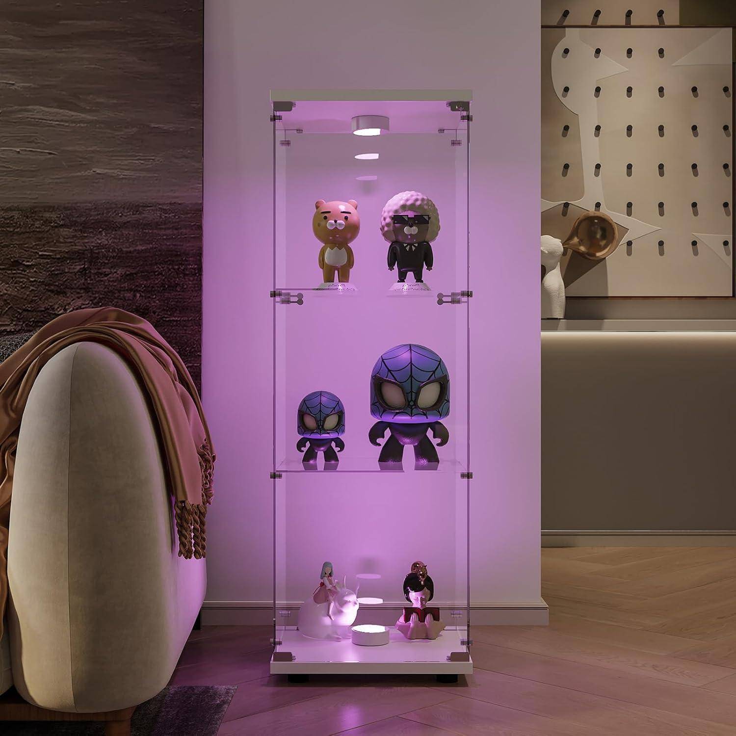 Vitrine aus Glas, 3 Regale, Aufbewahrungsschrank aus Glas auf Fuß, LED-Vitrine, Glasschrank mit 1 Türen und Schloss, für Schlafzimmer und Wohnzimme