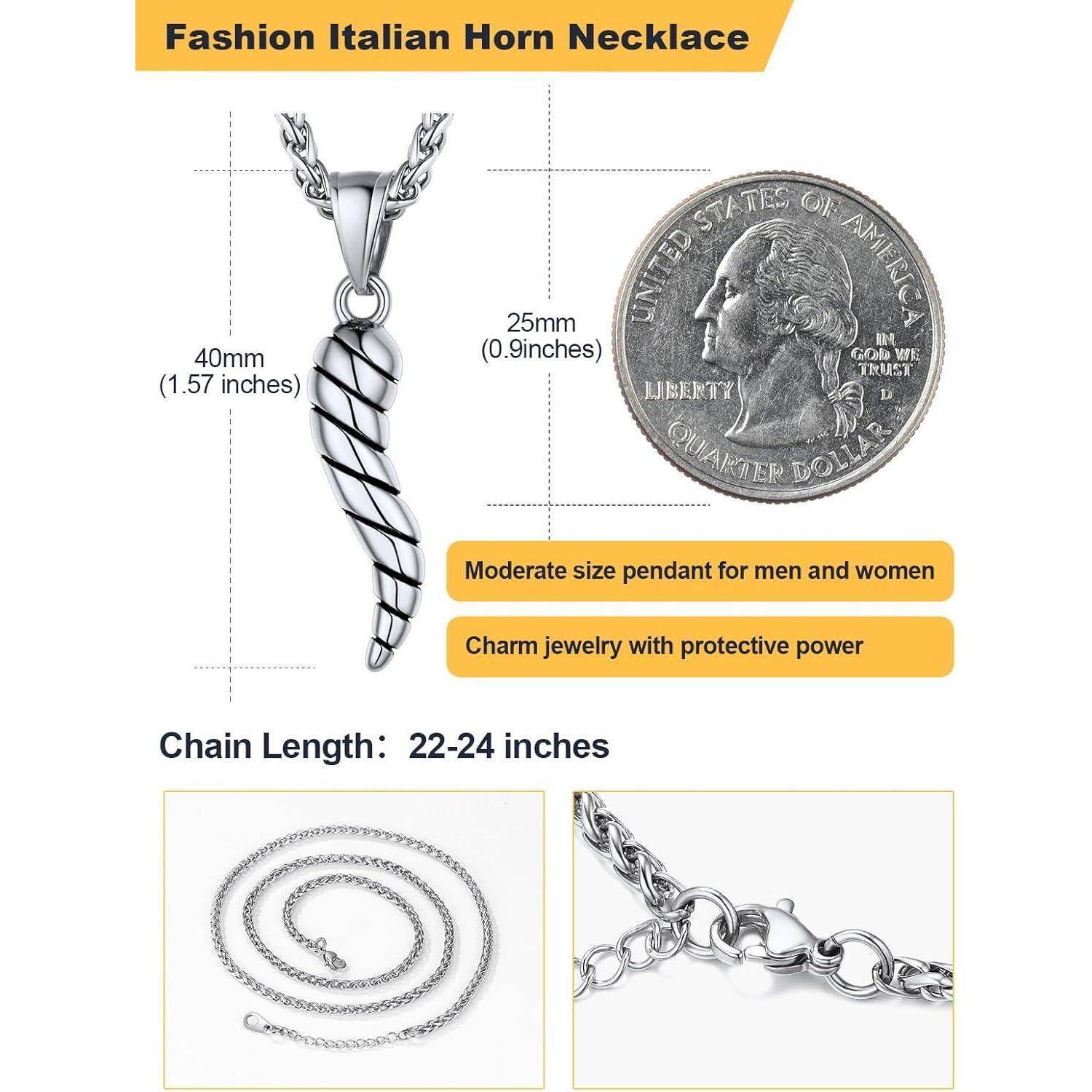 Produktbild einer silbernen italienischen Hornnecklace mit Anhänger und Kette, gezeigt mit Größenangaben 40 mm x 25 mm und Kettenlänge 22-24 Zoll.