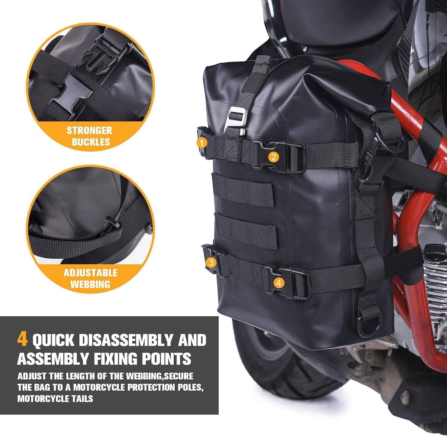 Schwarze Motorrad-Hecktasche mit verstellbaren Riemen und Schnallen an einem Motorrad befestigt; Text hebt „4 schnelle Montage- und Demontage-Befestigungspunkte" hervor.
