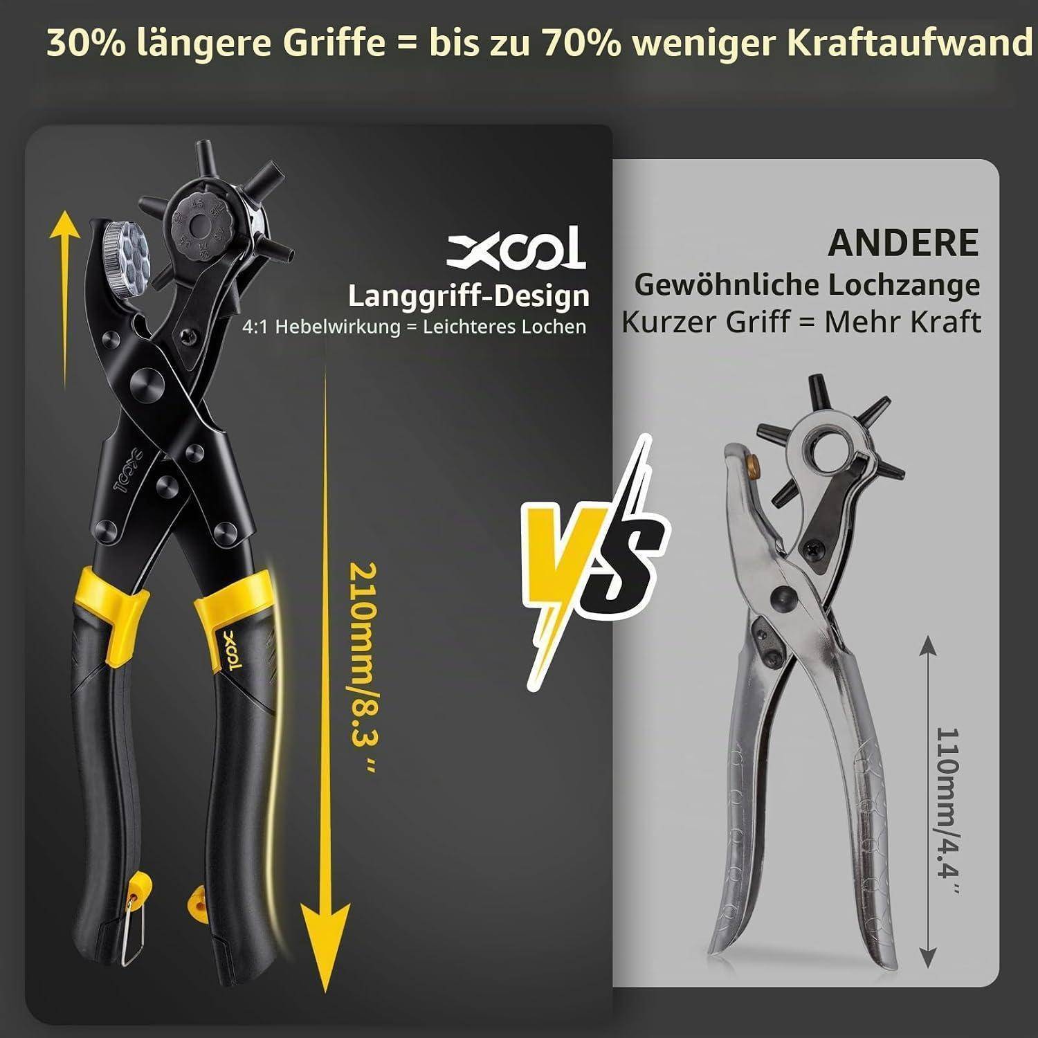 Produktvergleich-Grafik mit einem XCOOL Langgriff-Locher auf der linken Seite im Vergleich zu einem Standard-Locher auf der rechten Seite, mit der Betonung "30% längerer Griff = bis zu 70% weniger Anstrengung"" und 210 mm gegen 110 mm.