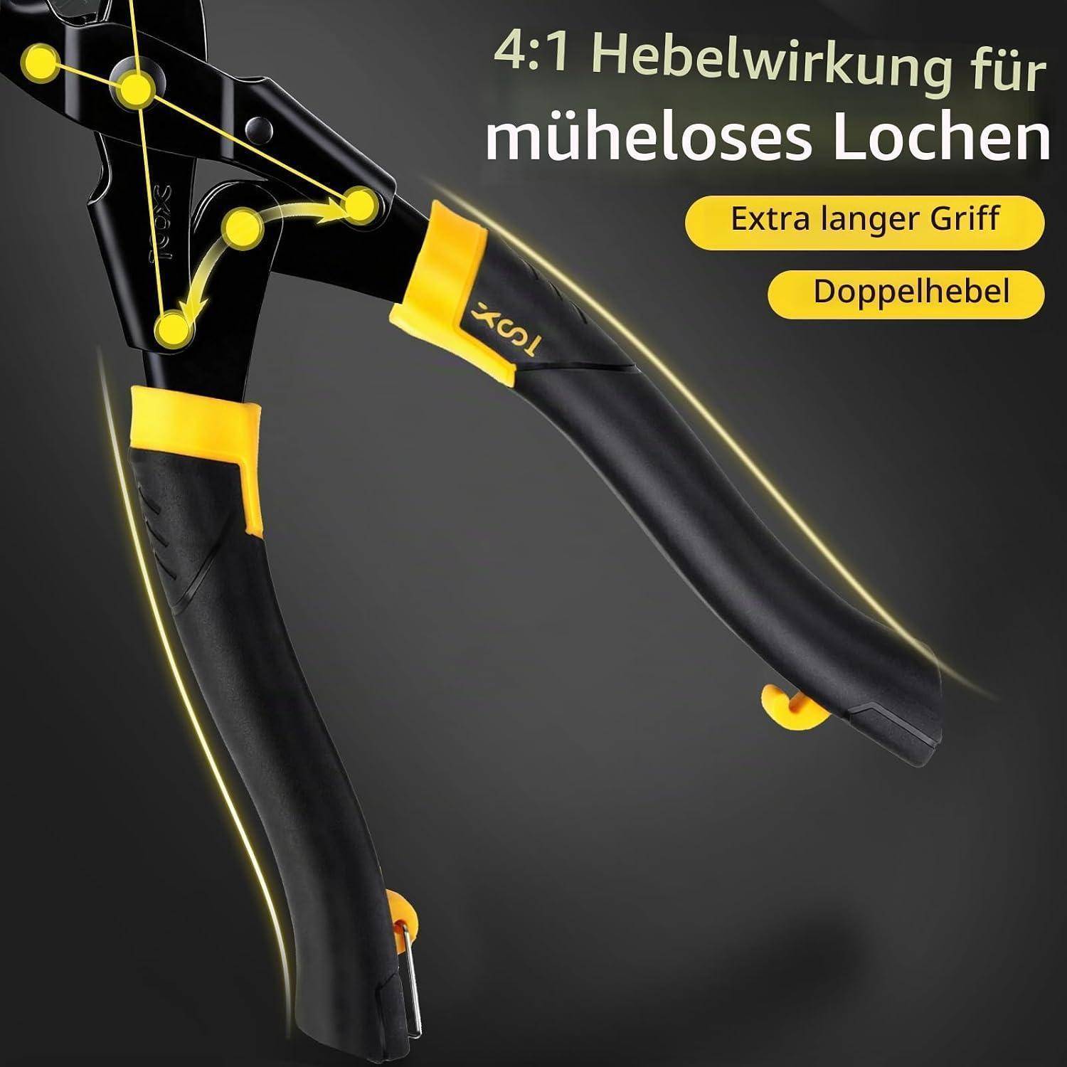 Schwarz-gelber Handnieter mit extra langem Griff und Doppelhebel, dargestellt mit Beschriftungen; deutscher Text sagt „4:1 Hebelverhältnis für müheloses Lochen", „extra langer Griff"", „Doppelhebel"".