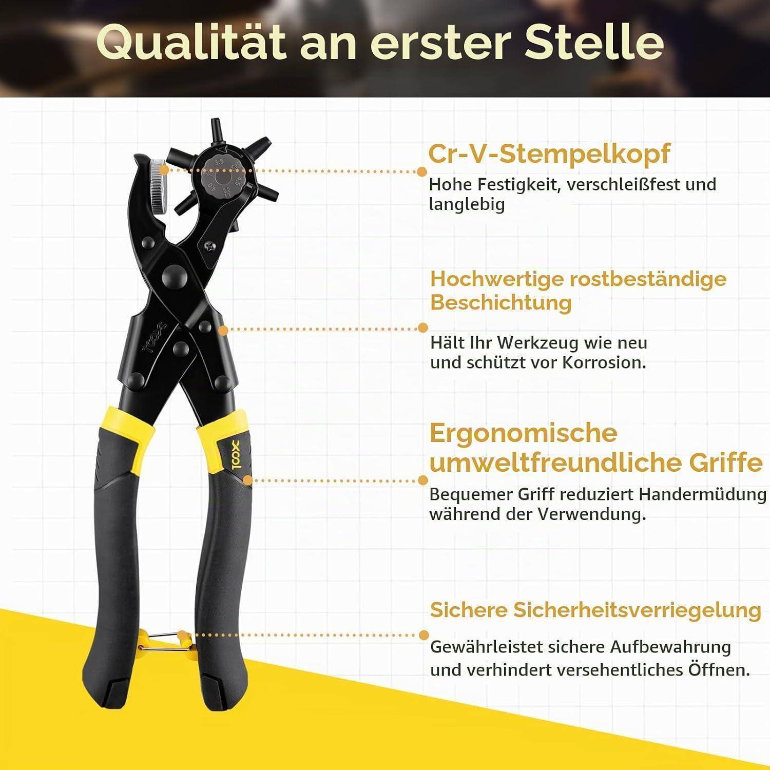 XOOL Rund- &amp; Oval-Lederlochzange – Verbesserte Revolver-Lochzange mit langem Griff für Gürtel, Armbänder, Riemen, Halsbänder, Sättel, Schuhe &amp;