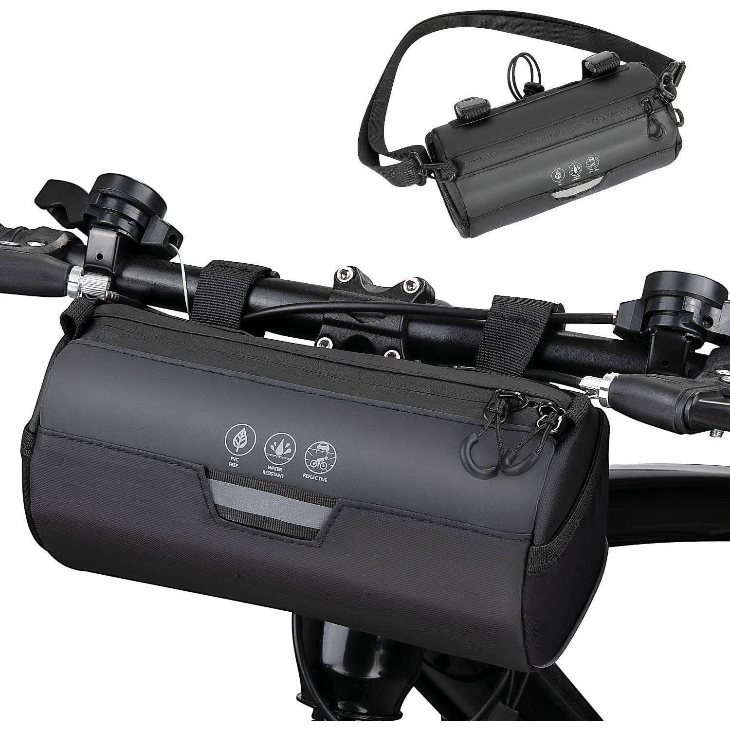 Schwarze am Lenker befestigte Fahrradsatteltasche mit Reißverschlussfrontfach und Schultergurt, gezeigt an einem Fahrrad mit einer eingefügten Ansicht der Tasche neben dem Fahrrad.