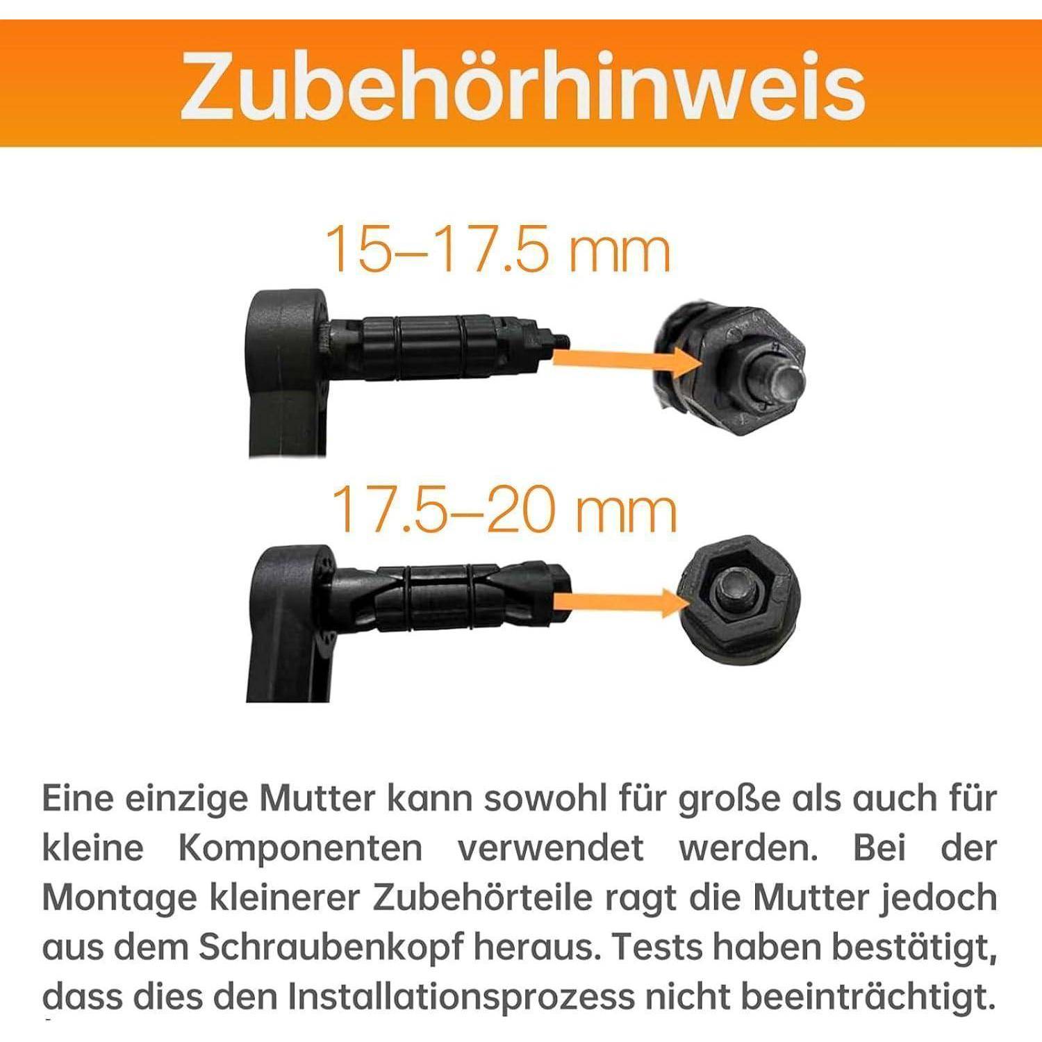 Deutsches Zubehörmerkblatt mit zwei Schraubengröße-Beispielen: 15-17,5 mm und 17,5-20 mm, mit Text, der erklärt, dass eine Mutter sowohl große als auch kleine Komponenten passt.
