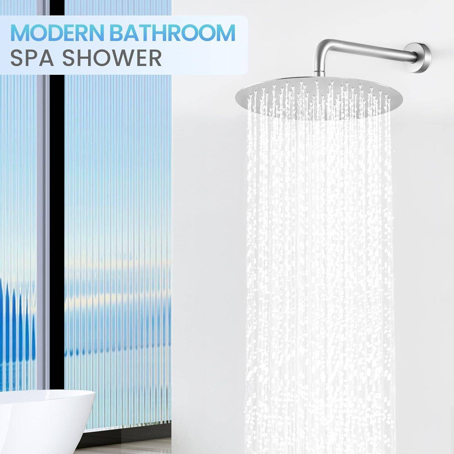 Modernes Badezimmer-Spa-Dusche mit großem rundem Regenduschenkopf auf einem Wandarm, dargestellt neben einer Glasduschabtrennung; Der Text lautet „MODERNES BADEZIMMER-SPA-DUSCHE