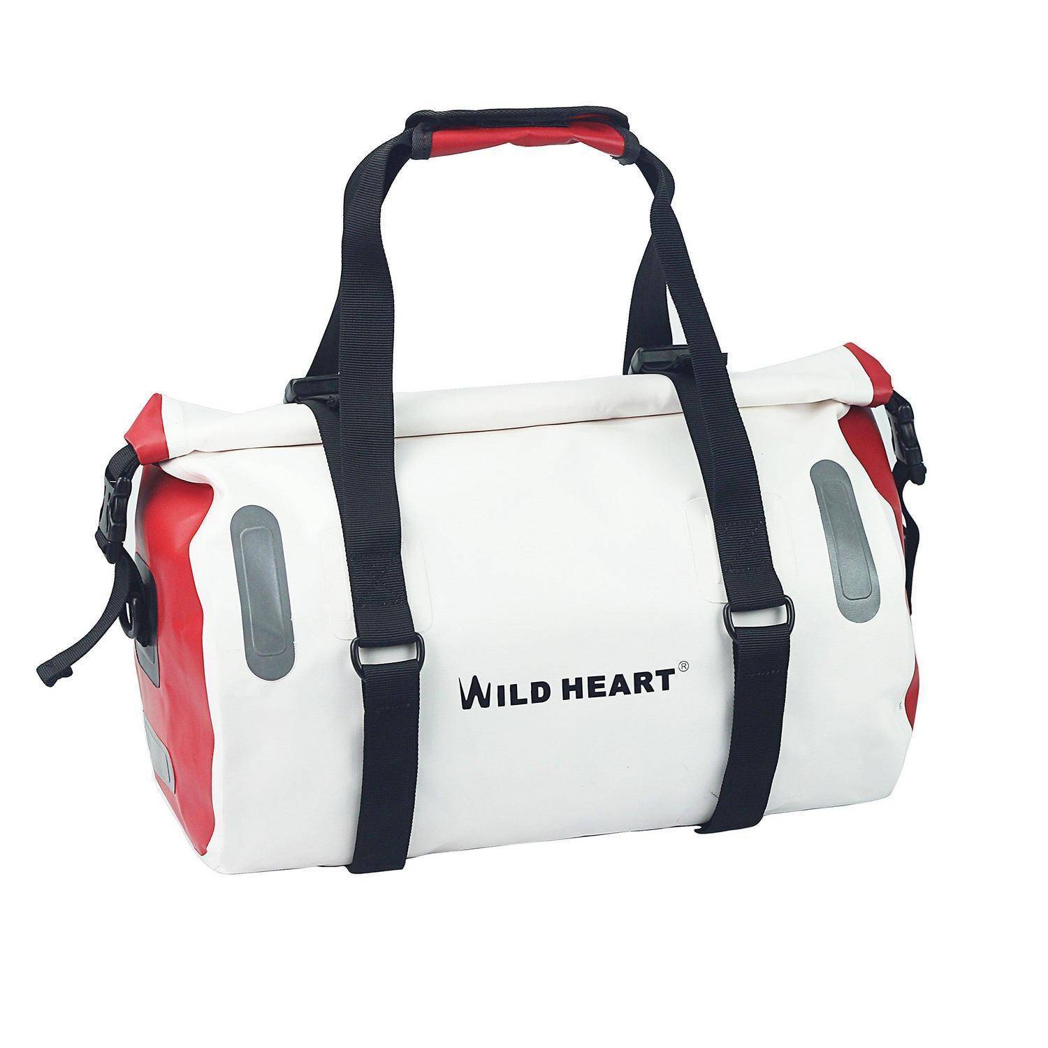 Weiße und rote Wild Heart Reisetasche mit schwarzen Schultergurten und Griffen auf weißem Hintergrund.