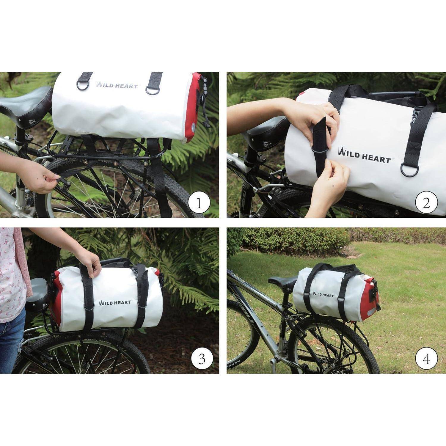 Vierteiliges Foto, das eine 'WILD HEART' Fahrradträger-Tasche zeigt, die mit Riemen und Schnallen an einem Fahrrad befestigt wird und dann sicher auf dem hinteren Gepäckträger montiert ist.