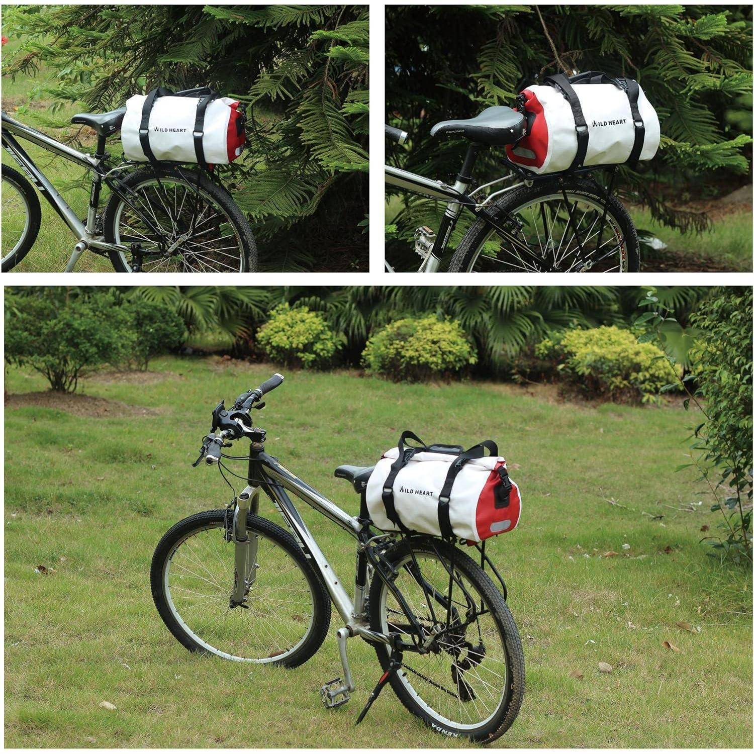 Fahrrad mit einer hinteren Gepäckträger-Kofertasche, in Nahaufnahme und Gesamtansicht auf einem Rasenplatz gezeigt.
