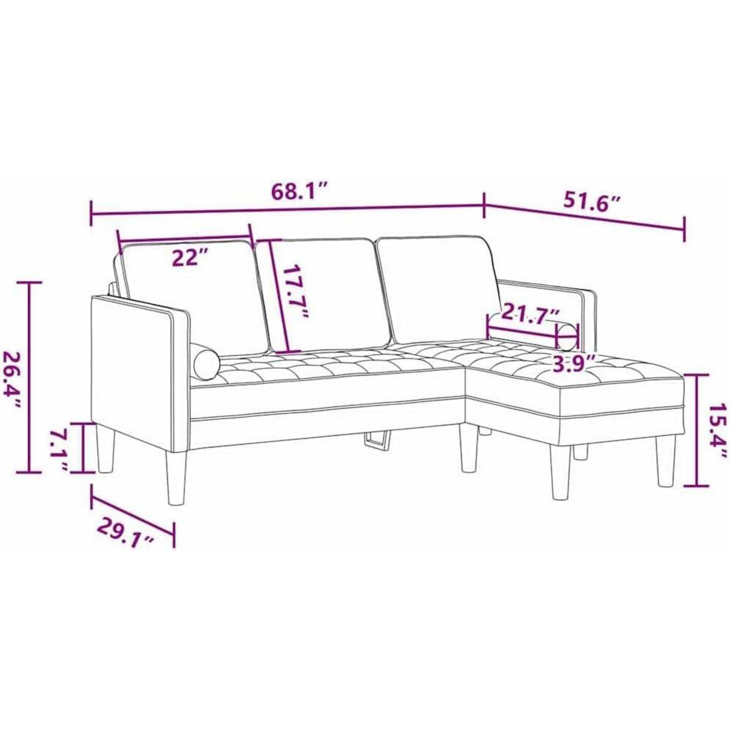 Dimensioniertes Diagramm eines L-förmigen Sectional-Sofas mit Chaiselongue, das die Gesamtbreite von 68,1 Zoll, die Chaiselongue-Länge von 51,6 Zoll, Sitz- und Armlehnenhöhen sowie weitere wichtige Abmessungen zeigt.