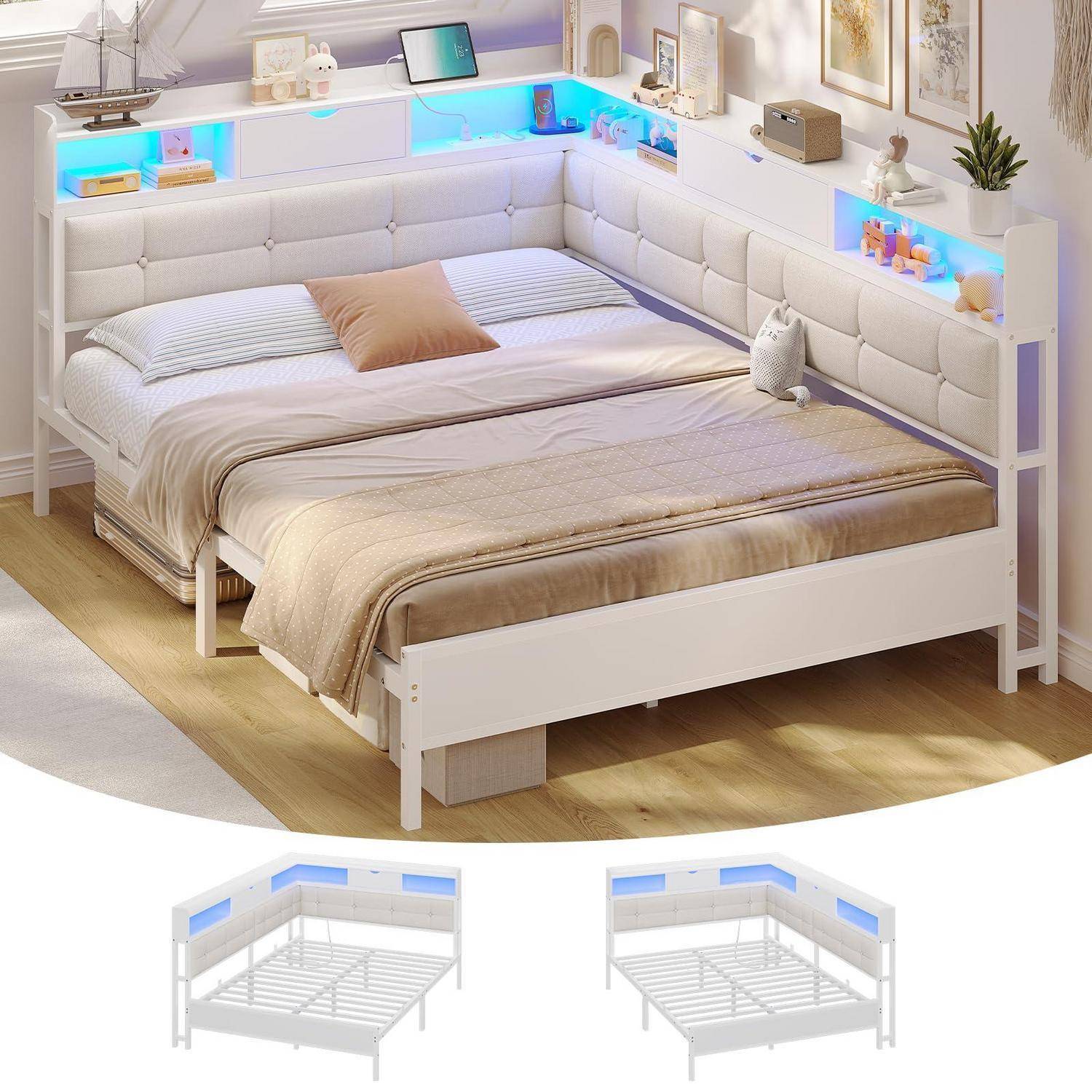 Weiße Eckplattform-Bettkonstruktion mit gepolstertem Kopfteil, Regalen und blauer LED-Beleuchtung; unten sind zwei abgewinkelte Ansichten des Bettrahmenlayouts dargestellt.