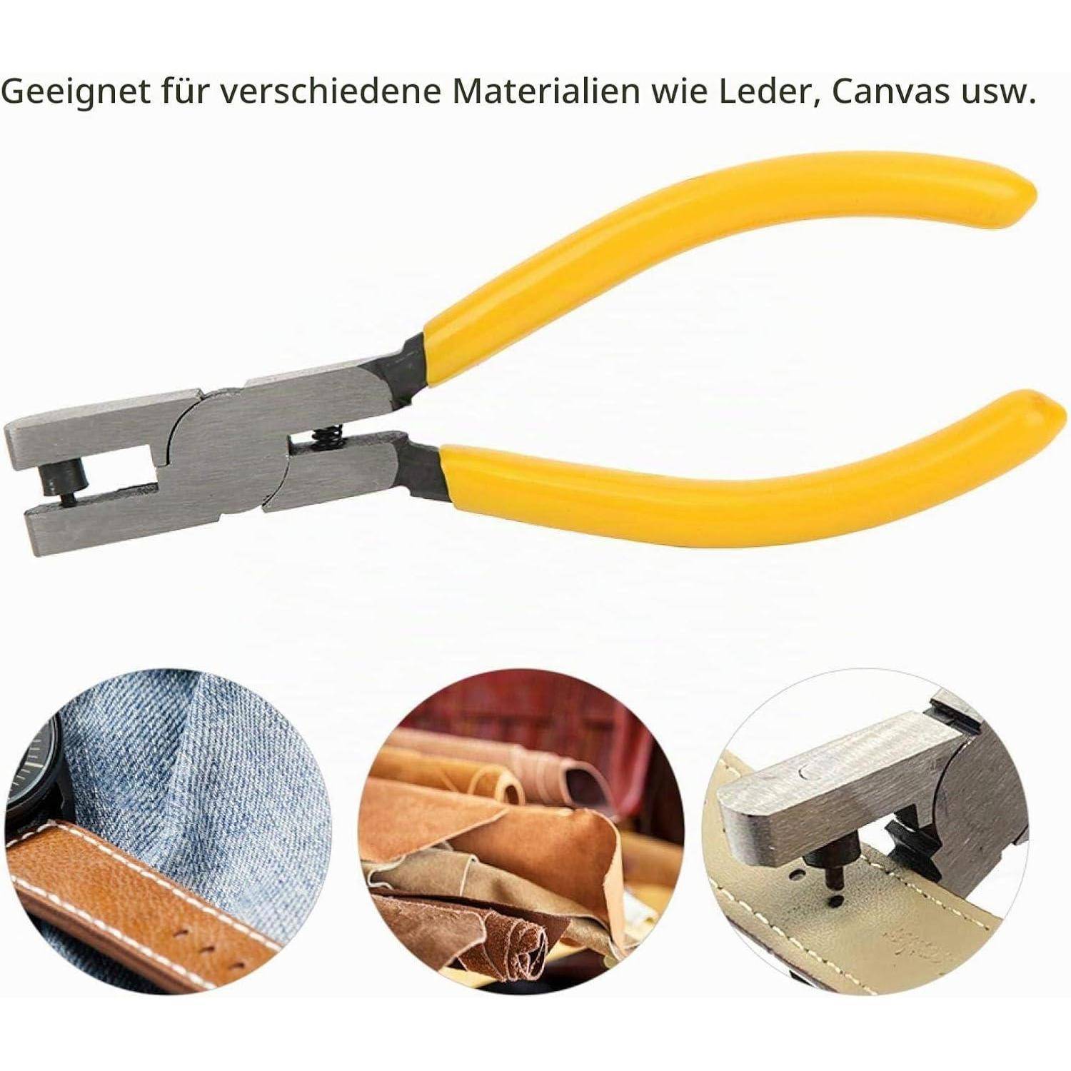 Gelb-griffe Locheisen für Leder und Leinwand, gezeigt mit Nahaufnahmen von Anwendungsbeispielen auf Stoff- und Materialkanten.