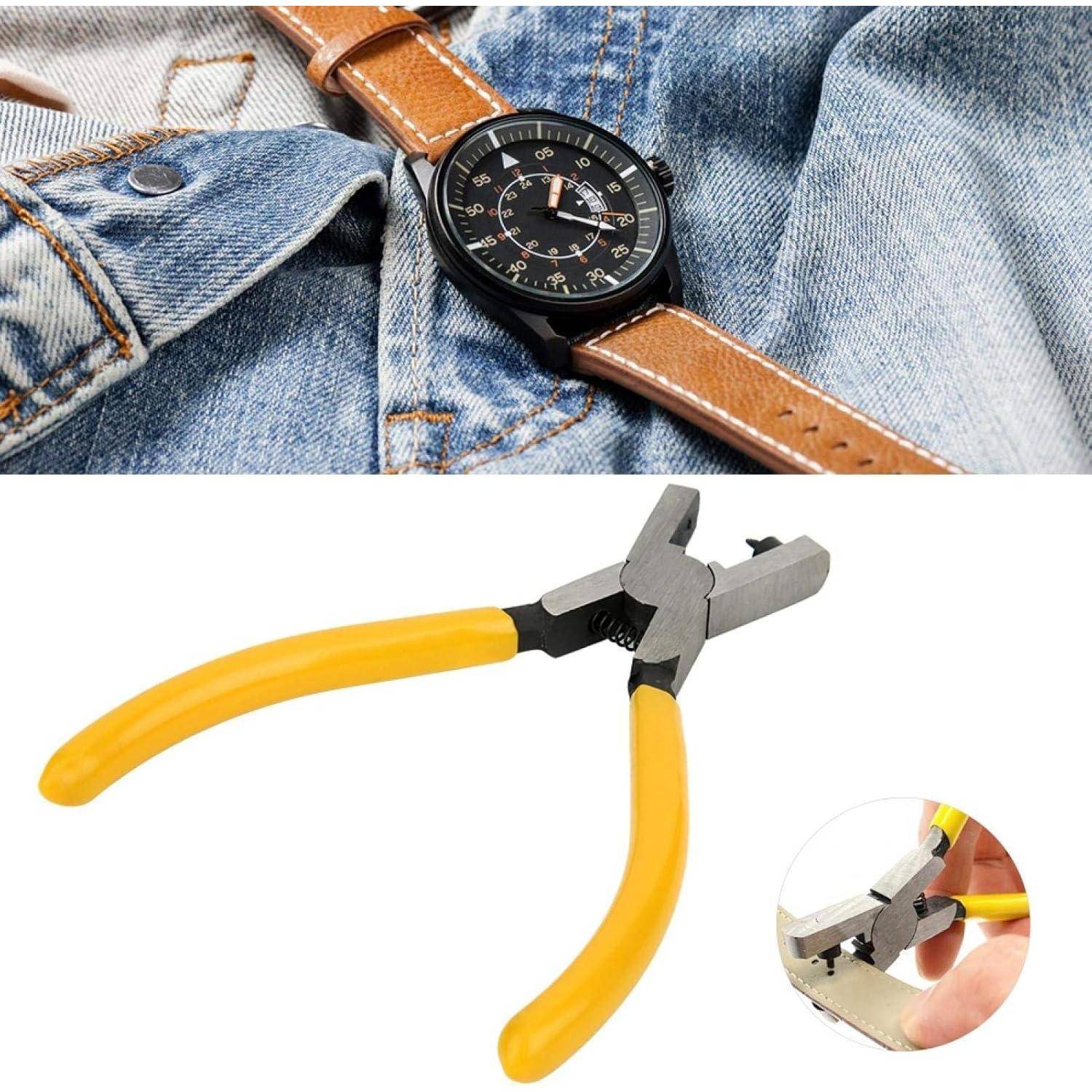 Gelb-griffige Federstegzange für Uhrenarmbänder, gezeigt beim Einsatz zur Anpassung eines Uhrenarmbands an einer Jeanshose, mit einer Nahaufnahme des Werkzeugs, das einen Riemen greift.