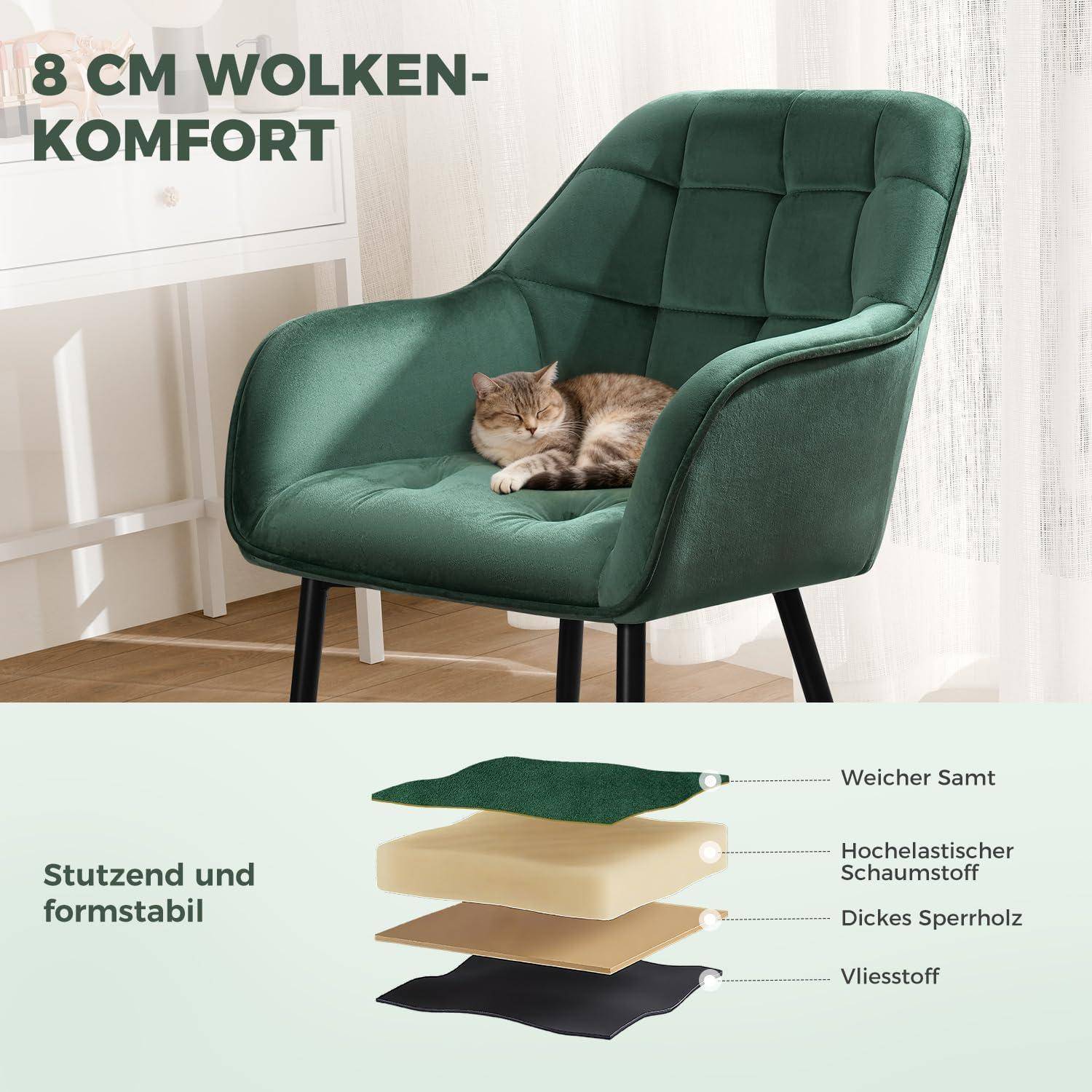 ELUCHANG Esszimmerstühle 4er Set, Samtstoff, Moderne Küchenstuhl Polsterstuhl mit Armlehne, 150 kg belastbar, Sessel Bequem, Wohnzimmerstuhl, Lounge
