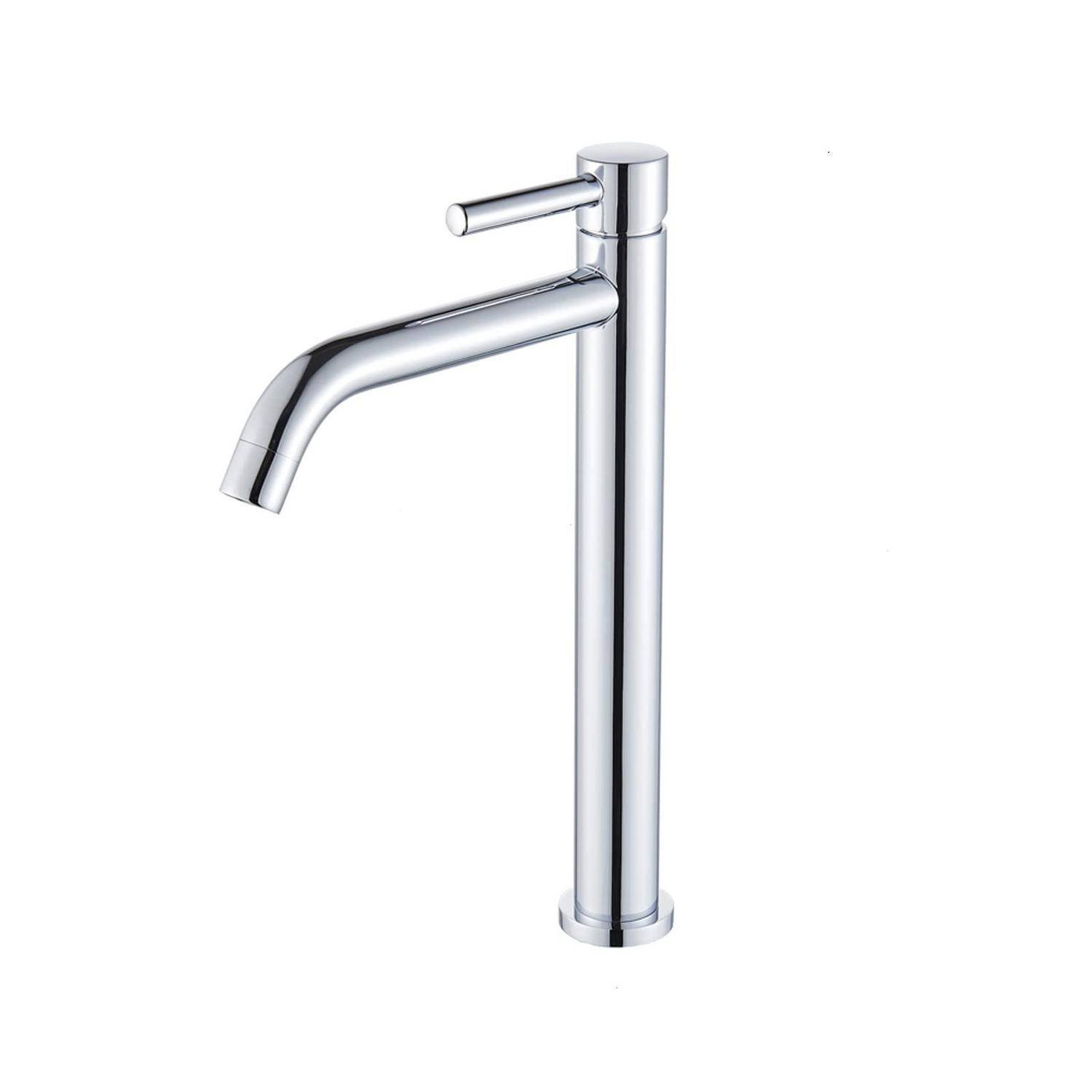 Chrom-Badezimmerhahn mit einem einzelnen Hebel und hoher zylindrischer Basis auf weißem Hintergrund.