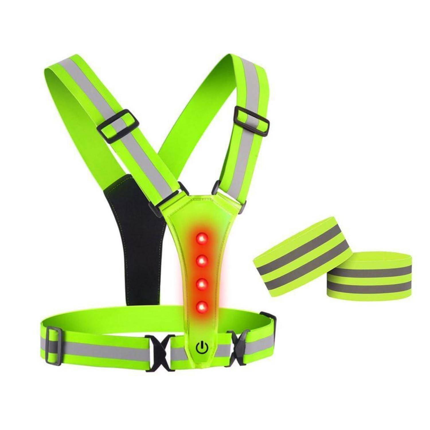 Fluoreszierendes gelbes reflektierendes Sicherheitsgeschirr mit roten LED-Leuchten, gezeigt mit passendem Armband und Taillengürtel auf weißem Hintergrund.