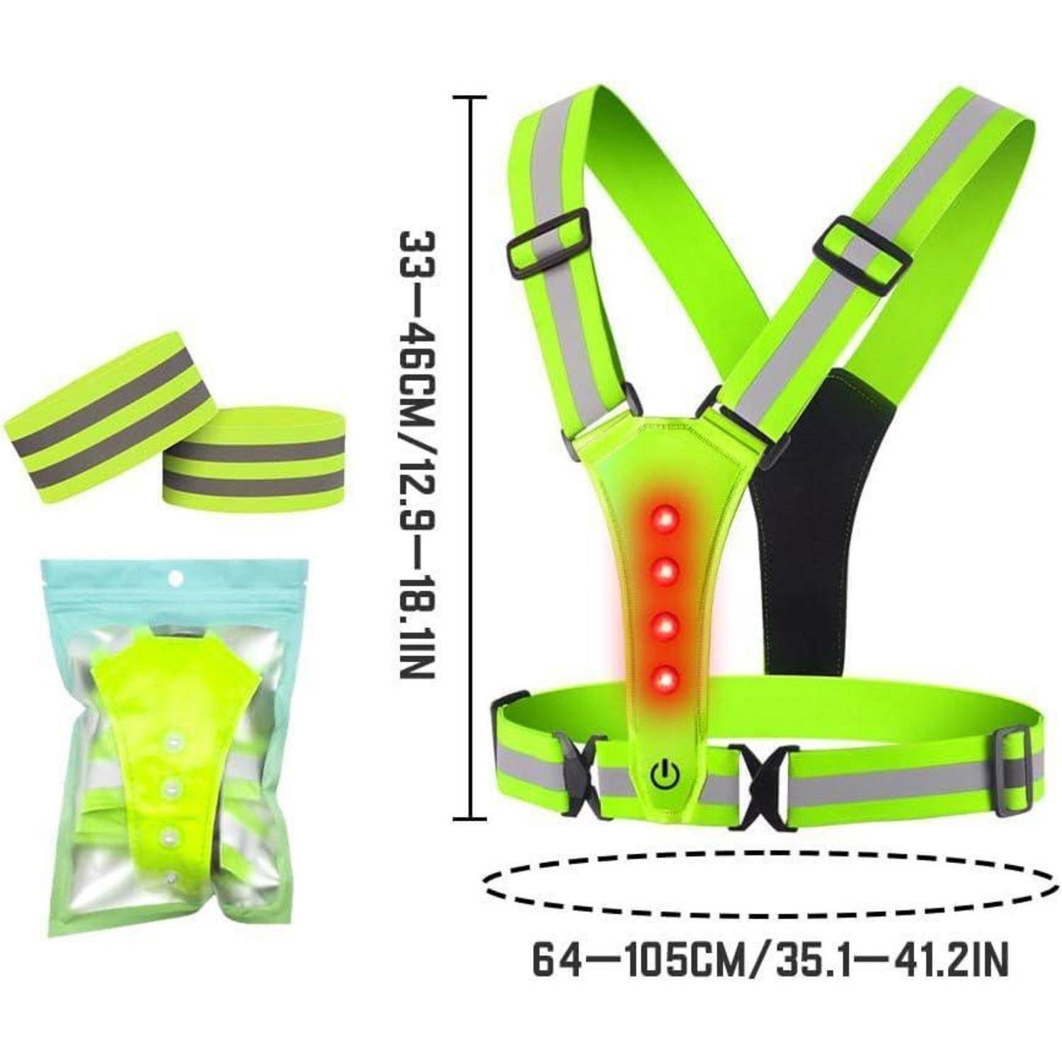 Neongelbes reflektierendes Sicherheitsgeschirr mit LED-Leuchten, mit verstellbaren Riemen und Verpackung; passt auf 33-46 cm Brustumfang und 64-105 cm Taillenumfang.