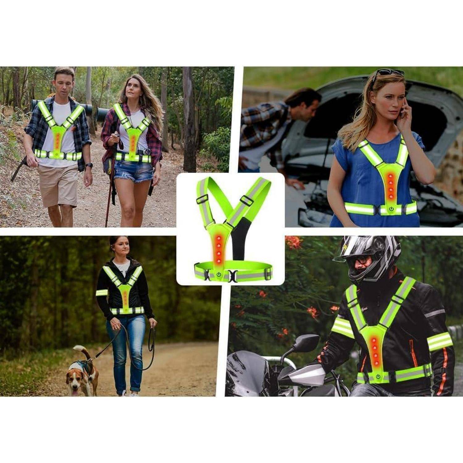 Collage von Menschen im Freien, die reflektierende neongrüne Sicherheitswesten tragen, gezeigt für die Sichtbarkeit beim Gehen, Radfahren und Motorradfahren.