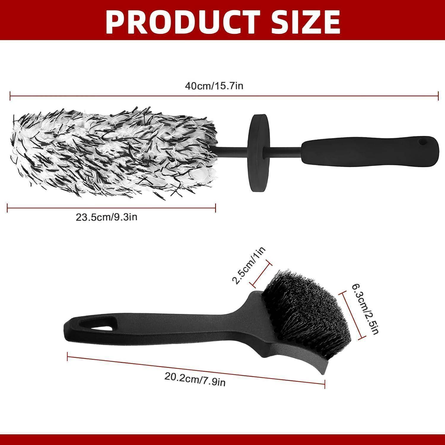 Produktgrößendiagramm mit einem Staubwedel und einer Handbürste, gekennzeichnet mit 40 cm Gesamtlänge, 23,5 cm Kopflänge, 20,2 cm Bürstenlänge und 6,5 cm Bürstenhöhe.